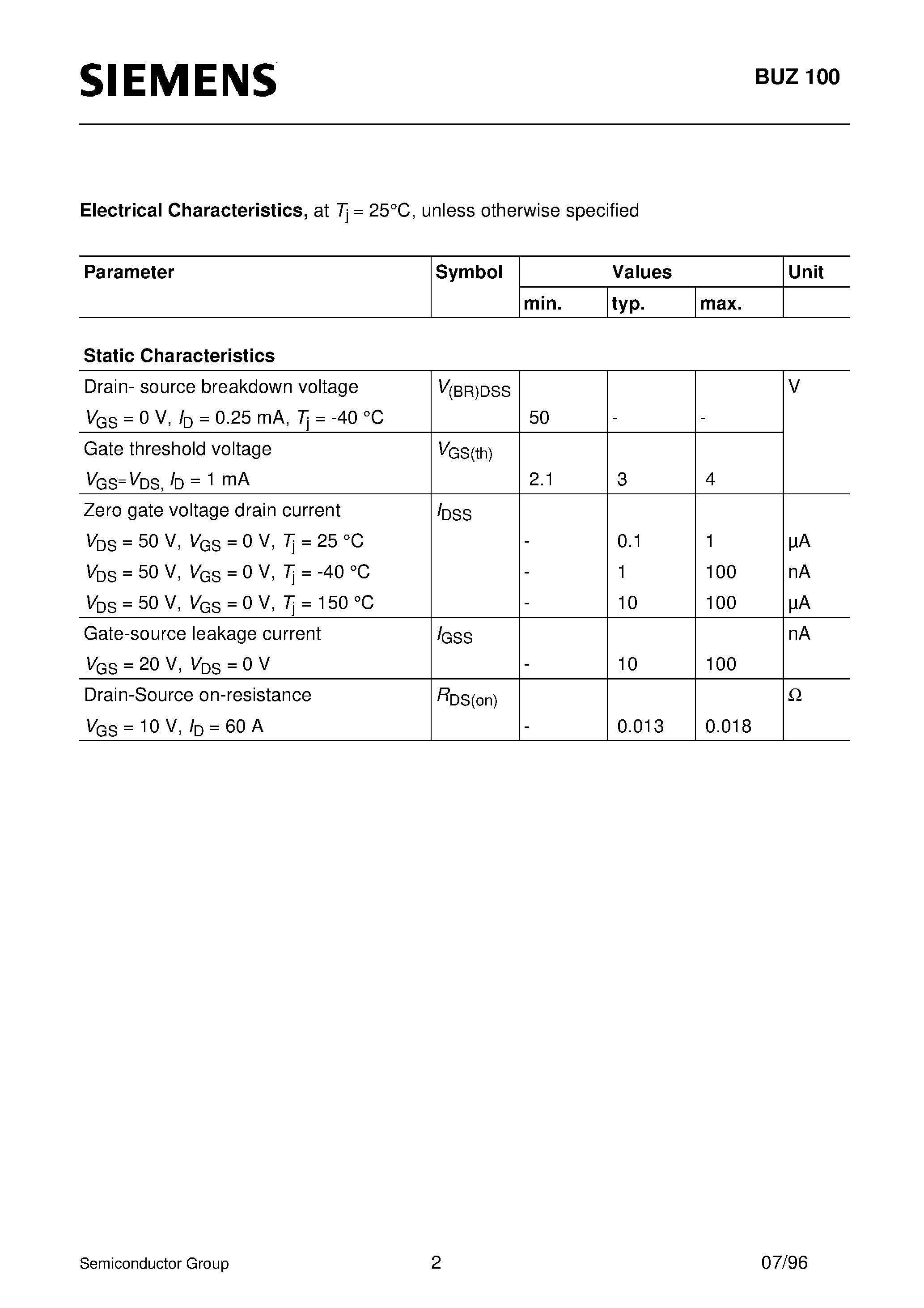 Datasheet BUZ100 page 2 Datasheet BUZ100 - SIPMOS Power Transistor (N channel Enhancement mode Avalanche-rated d v/d t rated) page 2