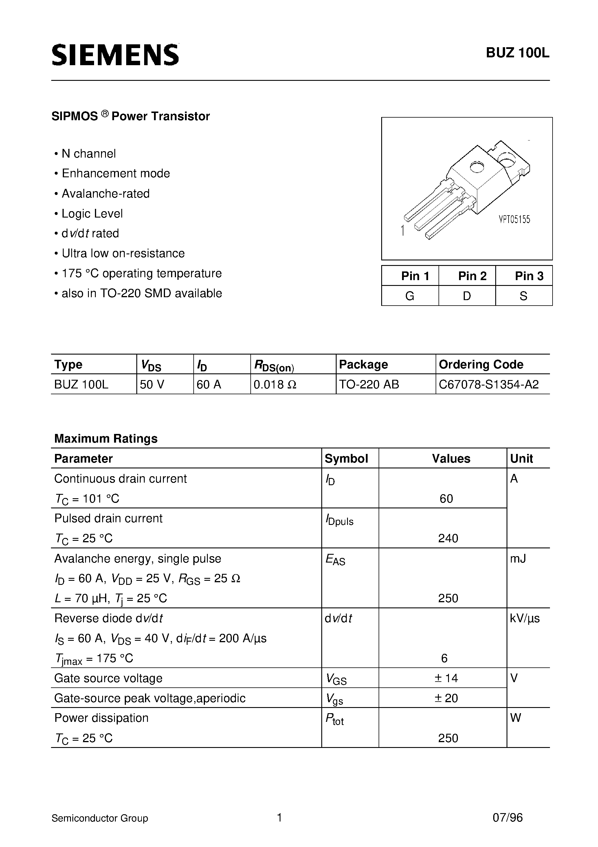Datasheet BUZ100L page 1 Datasheet BUZ100L - SIPMOS Power Transistor (N channel Enhancement mode Avalanche-rated Logic Level) page 1
