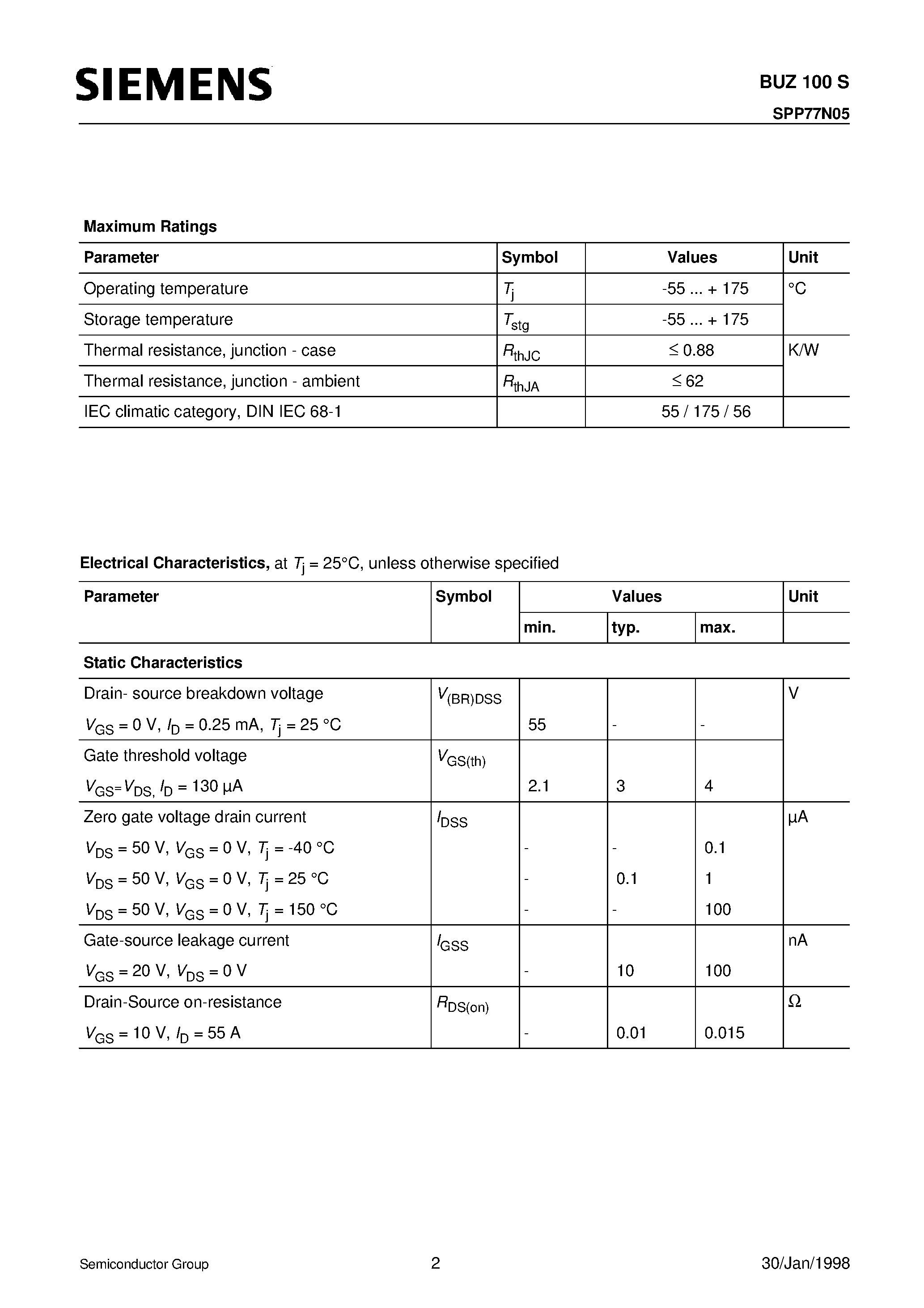 Datasheet BUZ100S page 2 Datasheet BUZ100S - SIPMOS Power Transistor (N channel Enhancement mode Avalanche-rated dv/dt rated) page 2