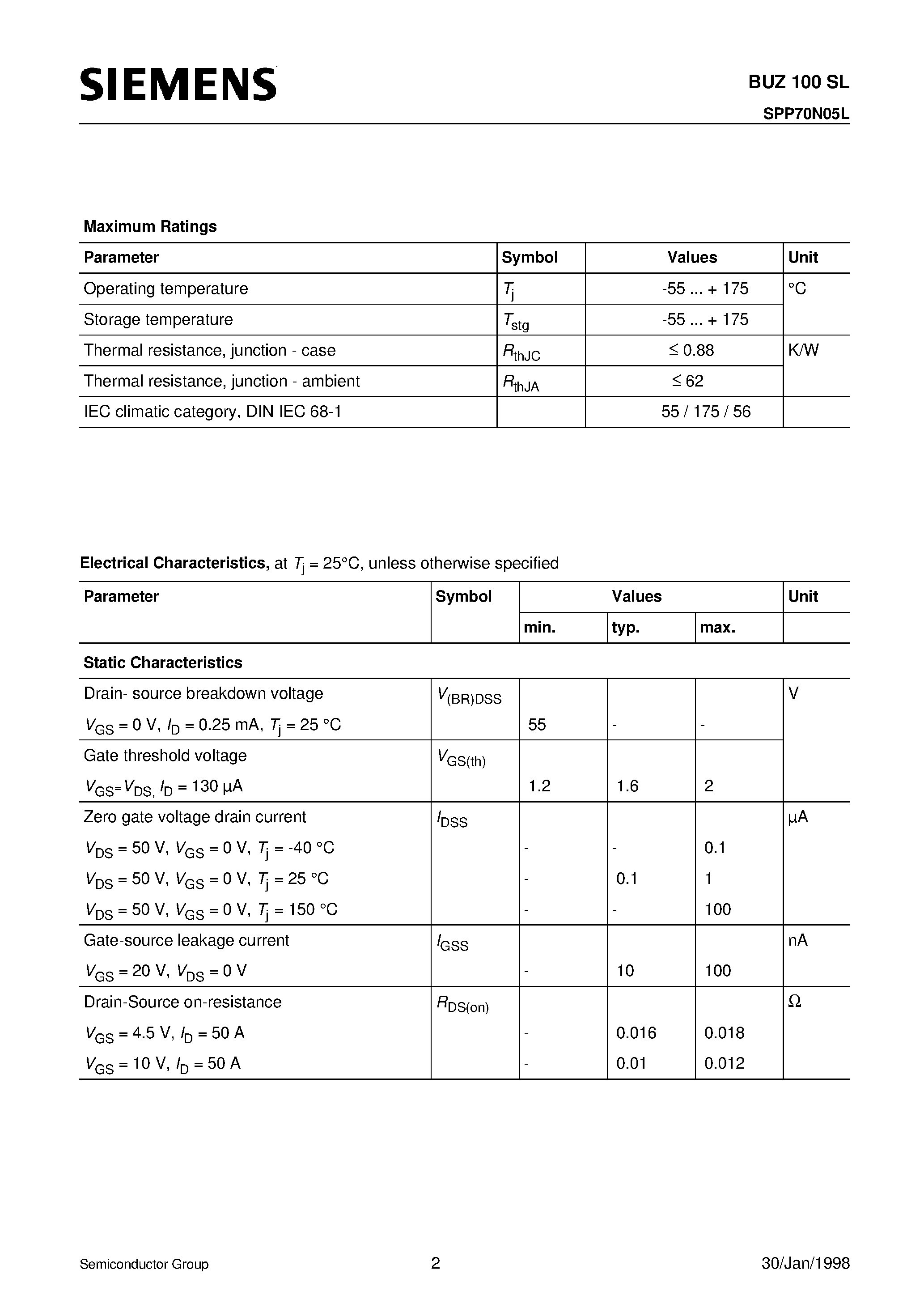Datasheet BUZ100SL page 2 Datasheet BUZ100SL - SIPMOS Power Transistor (N channel Enhancement mode Logic Level Avalanche-rated) page 2