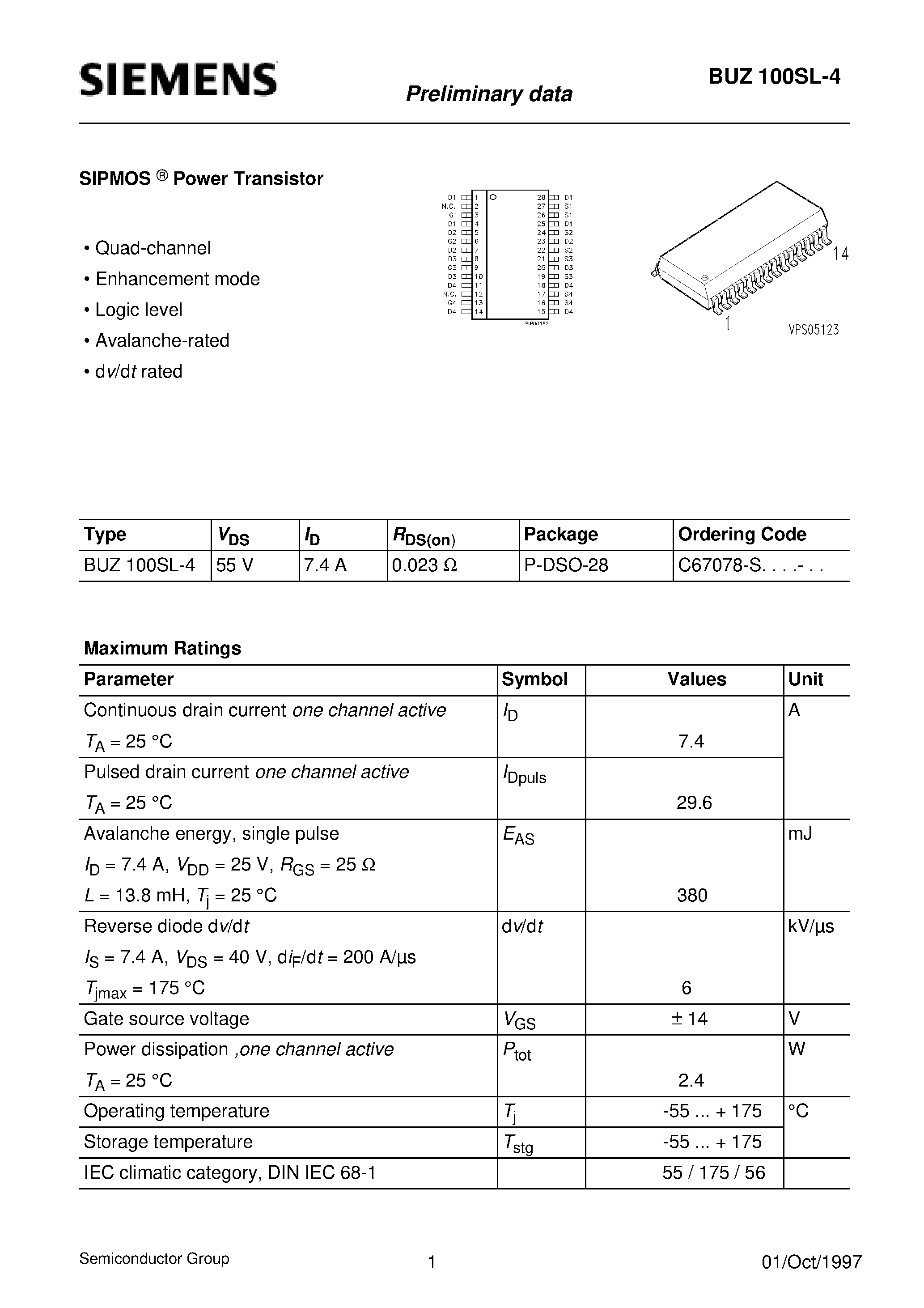 Даташит BUZ100SL-4 - SIPMOS Power Transistor (Quad-channel Enhancement mode Logic level Avalanche-rated d v/d t rated) страница 1