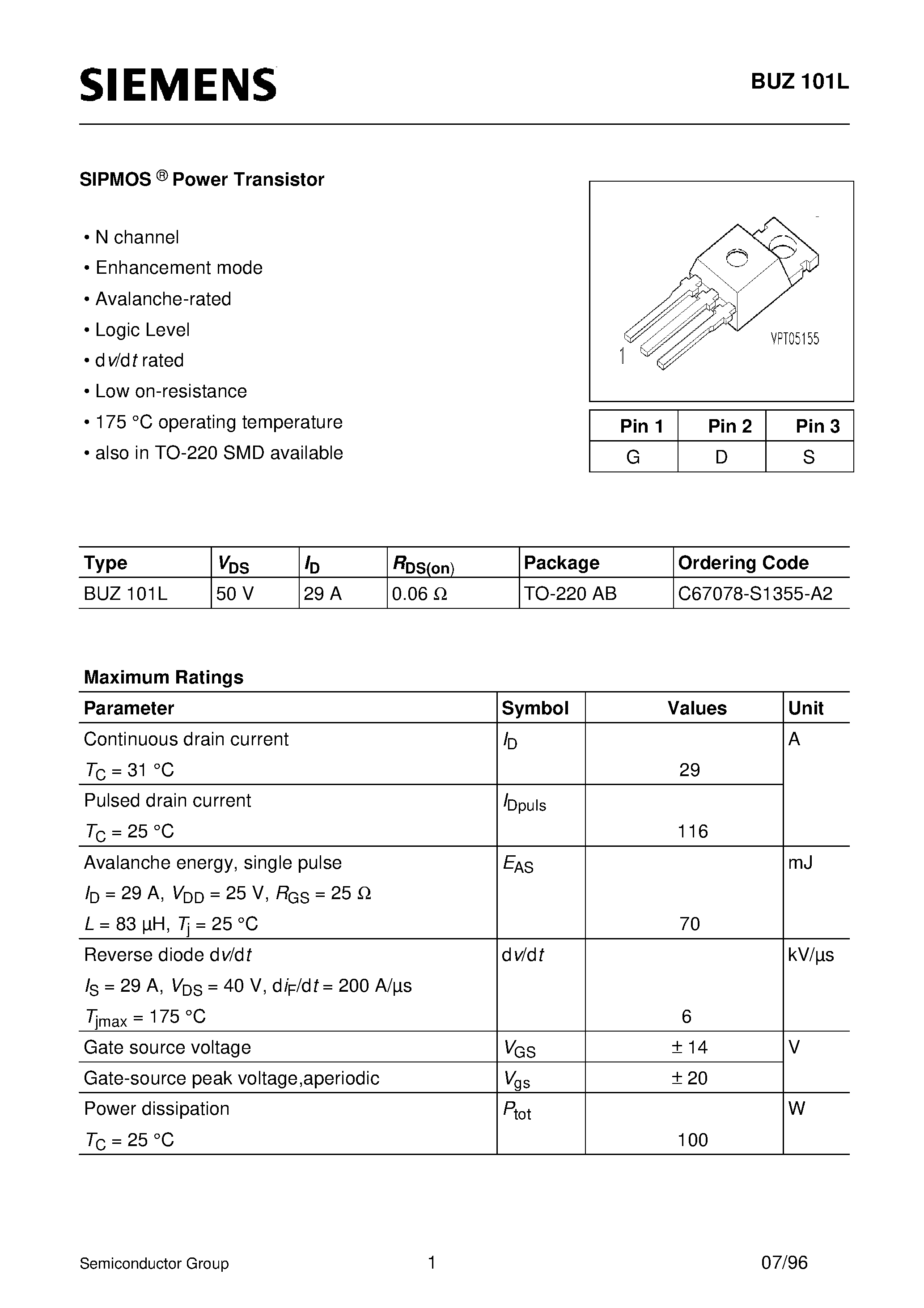 Datasheet BUZ101L - SIPMOS Power Transistor (N channel Enhancement mode Avalanche-rated Logic Level) page 1