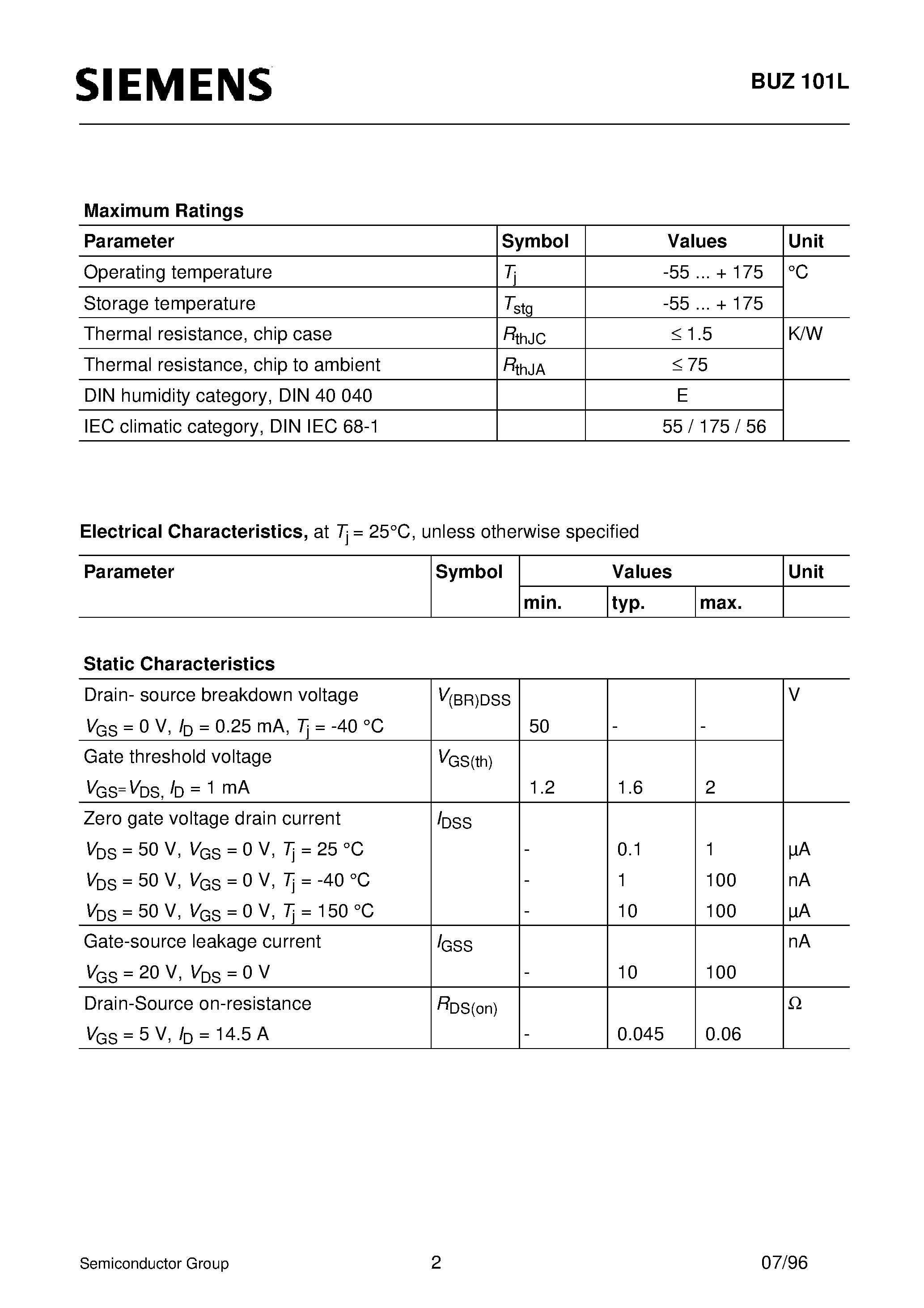 Datasheet BUZ101L - SIPMOS Power Transistor (N channel Enhancement mode Avalanche-rated Logic Level) page 2