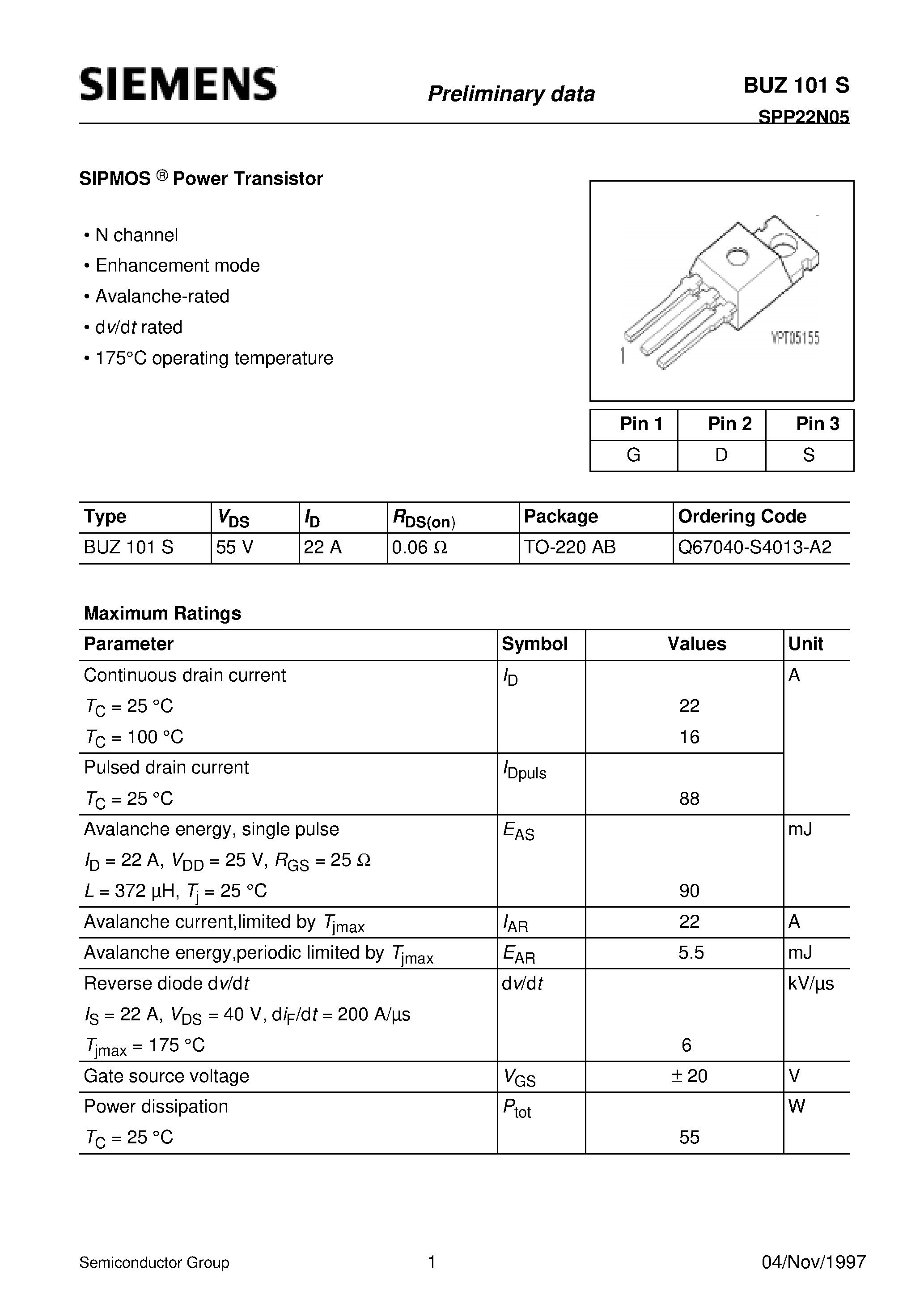 Datasheet BUZ101S - SIPMOS Power Transistor (N channel Enhancement mode Avalanche-rated d v/d t rated) page 1