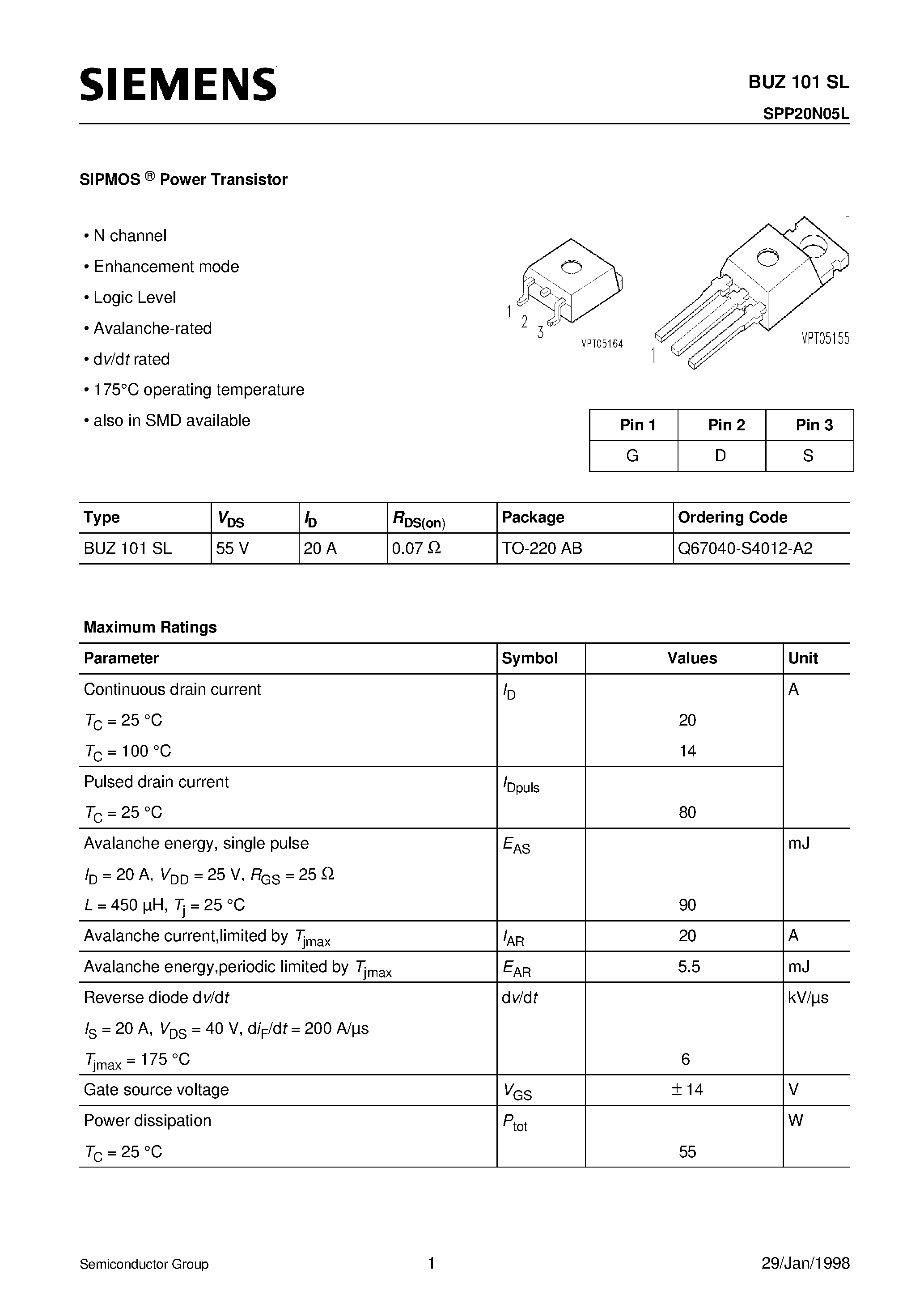 Datasheet BUZ101SL - SIPMOS Power Transistor (N channel Enhancement mode Logic Level Avalanche-rated) page 1