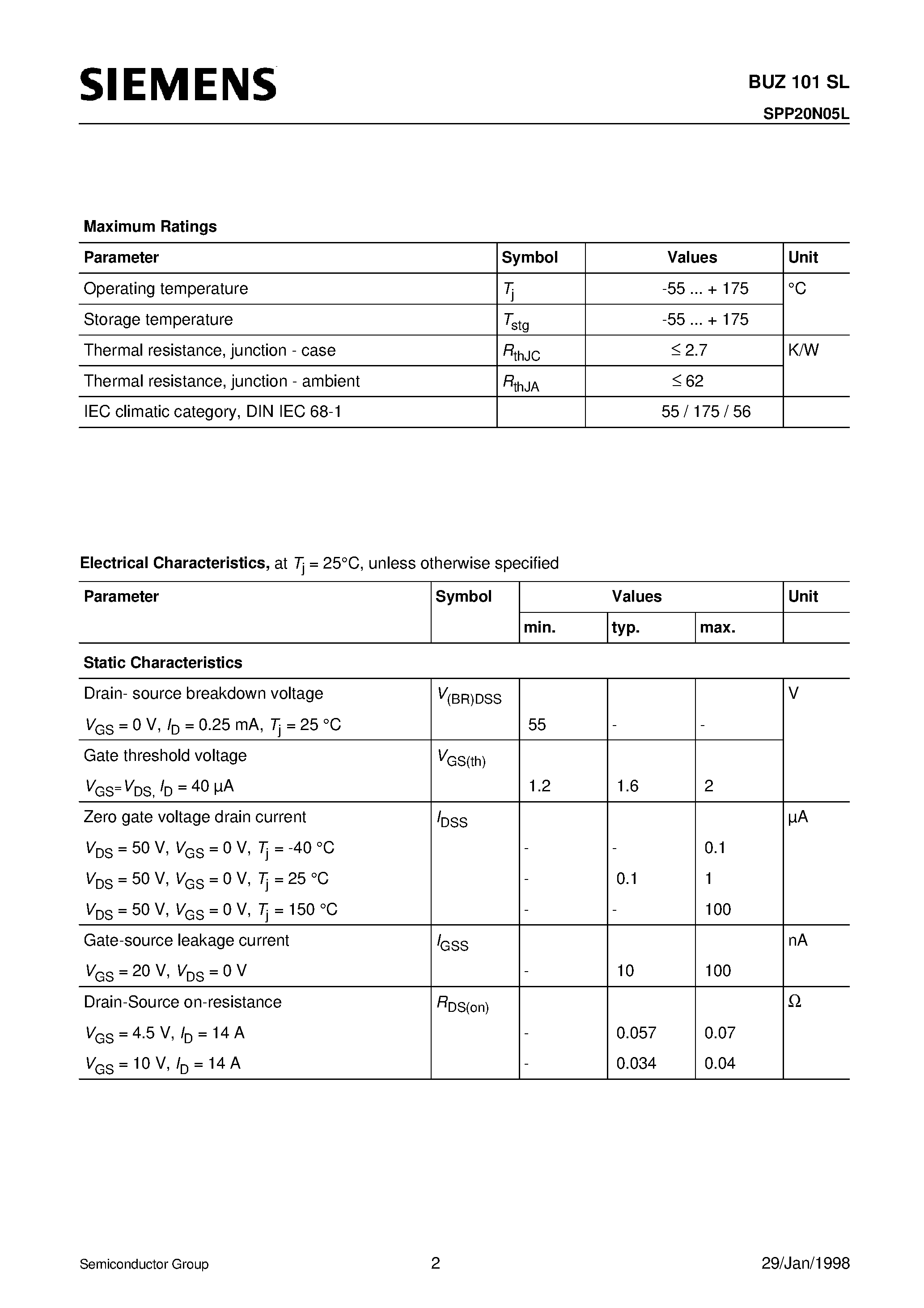 Datasheet BUZ101SL page 2 Datasheet BUZ101SL - SIPMOS Power Transistor (N channel Enhancement mode Logic Level Avalanche-rated) page 2