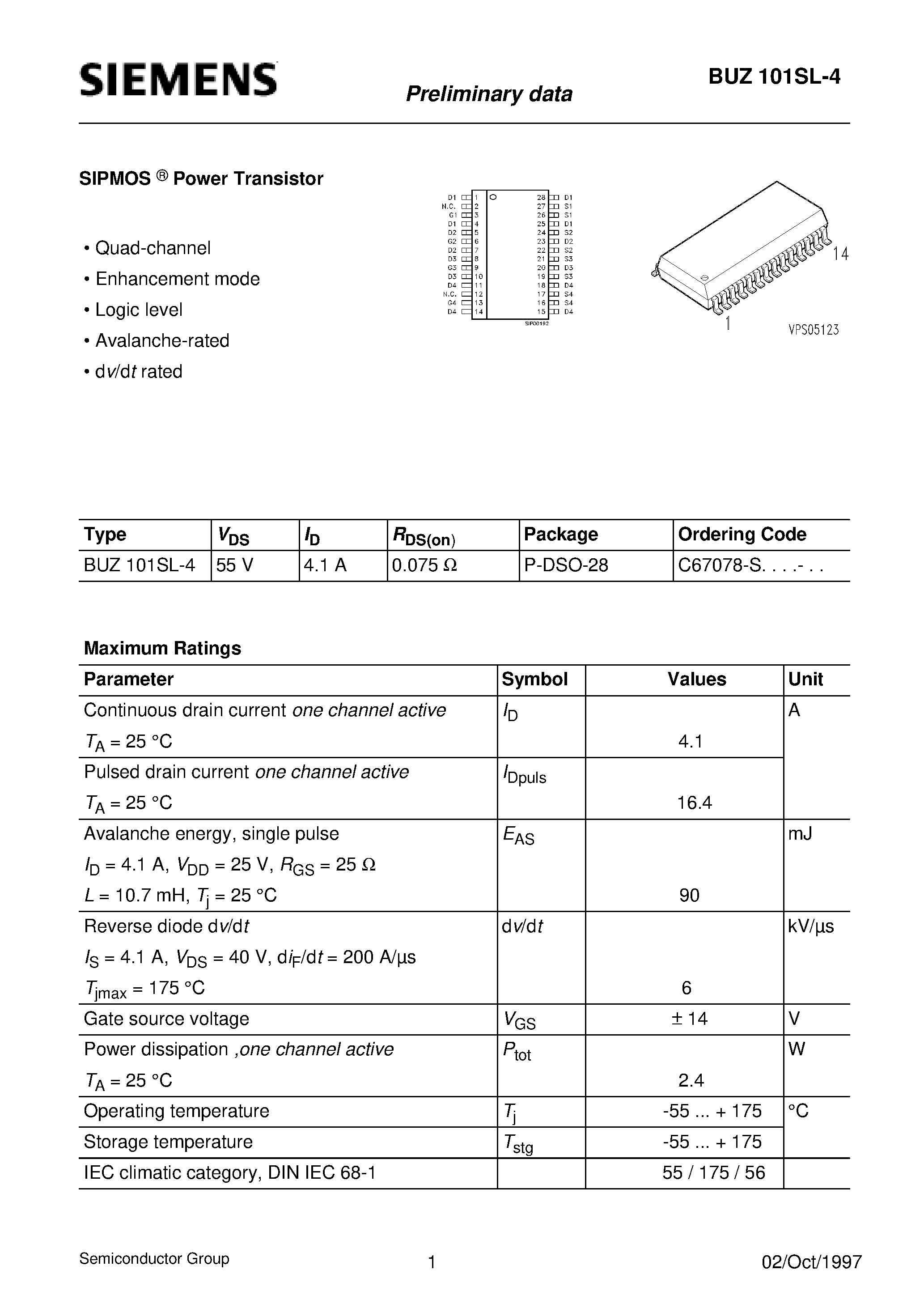 Даташит BUZ101SL-4 - SIPMOS Power Transistor (Quad-channel Enhancement mode Logic level Avalanche-rated d v/d t rated) страница 1