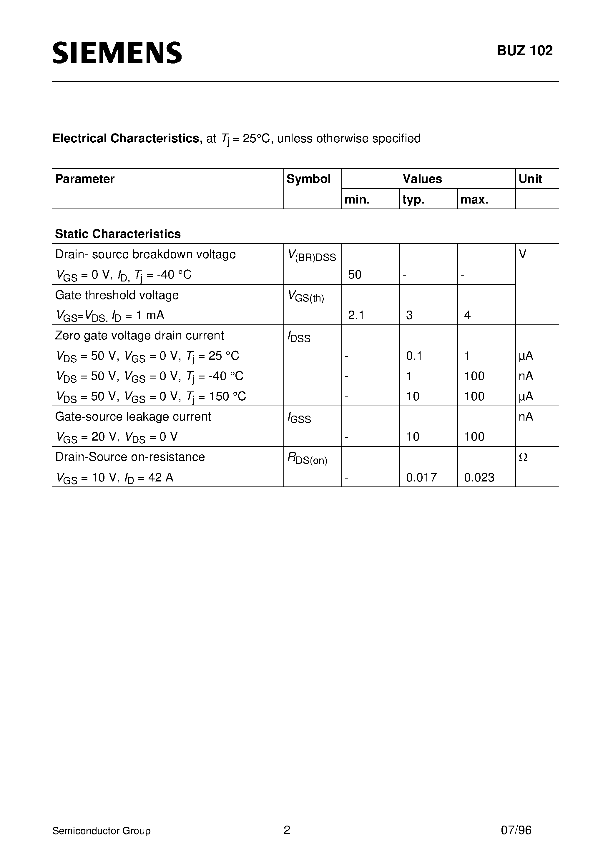 Даташит на микросхему BUZ102 страница 2 Даташит BUZ102 - SIPMOS Power Transistor (N channel Enhancement mode Avalanche-rated d v/d t rated) страница 2