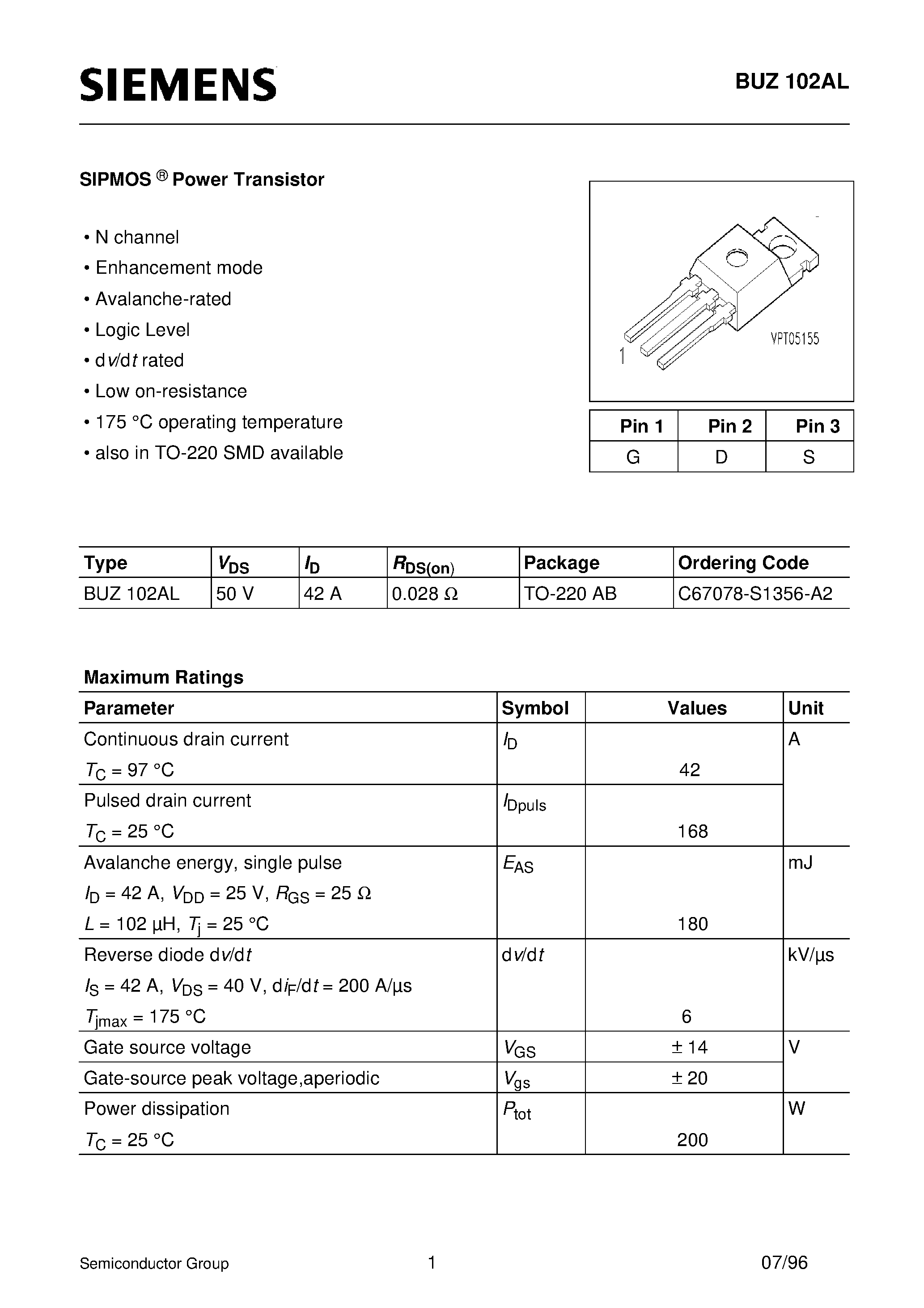 Datasheet BUZ102AL page 1 Datasheet BUZ102AL - SIPMOS Power Transistor (N channel Enhancement mode Avalanche-rated Logic Level d v/d t rated) page 1