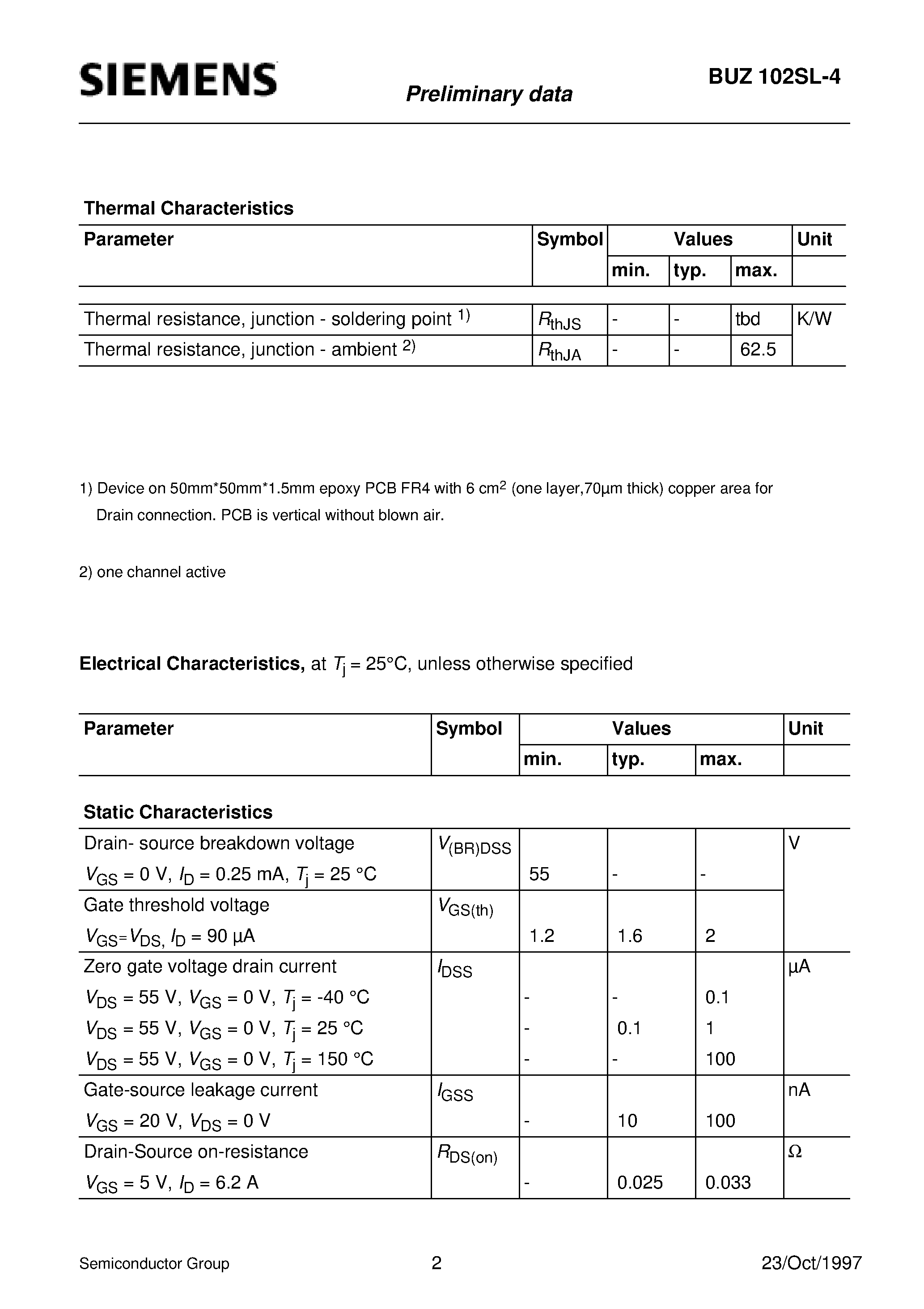Datasheet BUZ102SL-4 - SIPMOS Power Transistor (Quad-channel Enhancement mode Logic level Avalanche-rated d v/d t rated) page 2