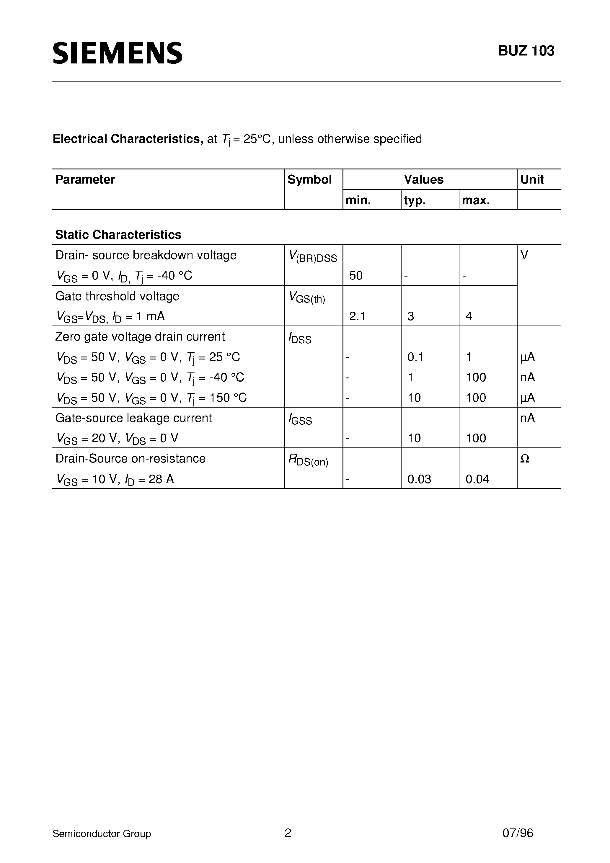 Даташит на микросхему BUZ103 страница 2 Даташит BUZ103 - SIPMOS Power Transistor (N channel Enhancement mode Avalanche-rated d v/d t rated Low on-resistance) страница 2