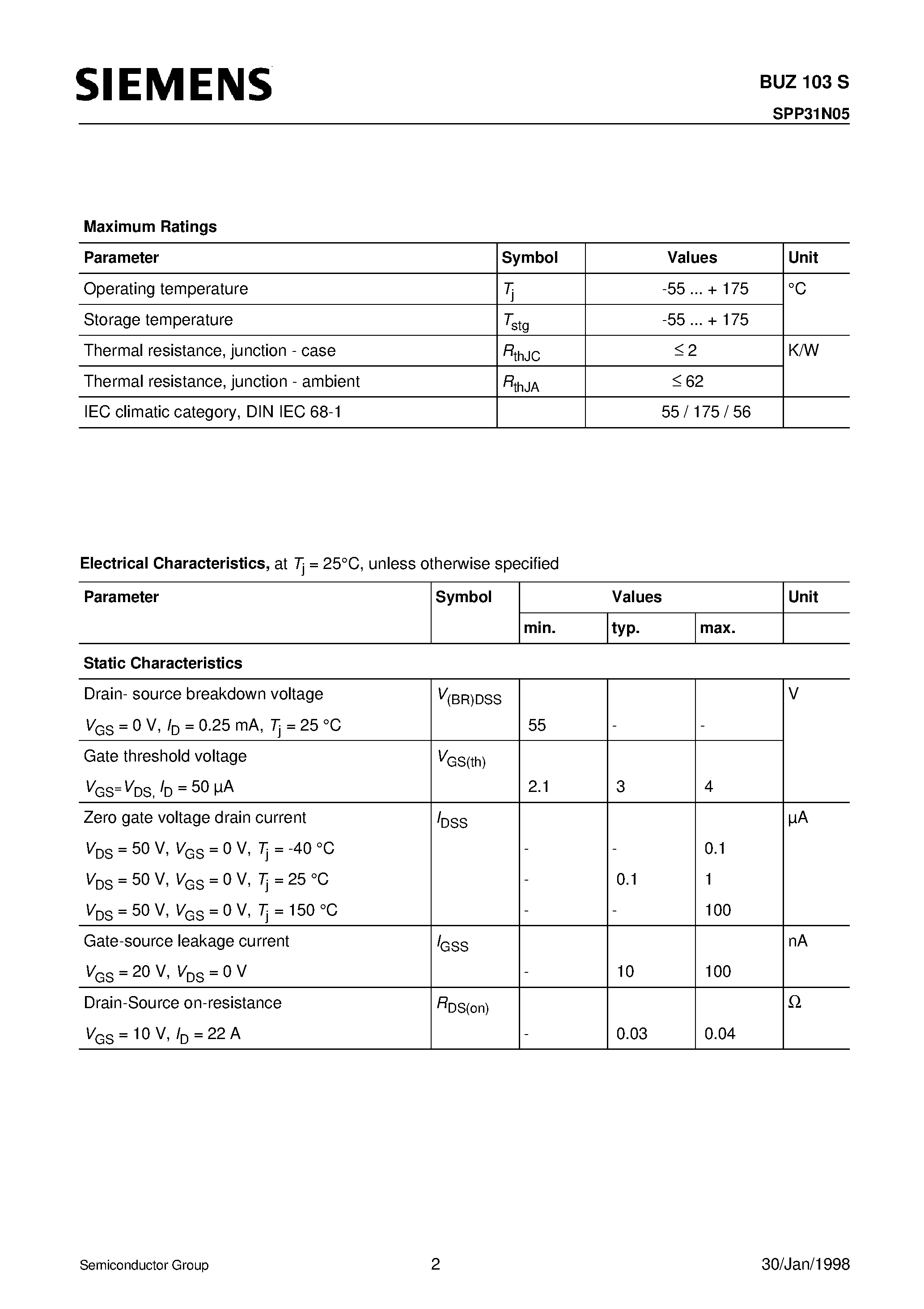 Datasheet BUZ103S page 2 Datasheet BUZ103S - SIPMOS Power Transistor (N channel Enhancement mode Avalanche-rated dv/dt rated 175C operating temperature) page 2