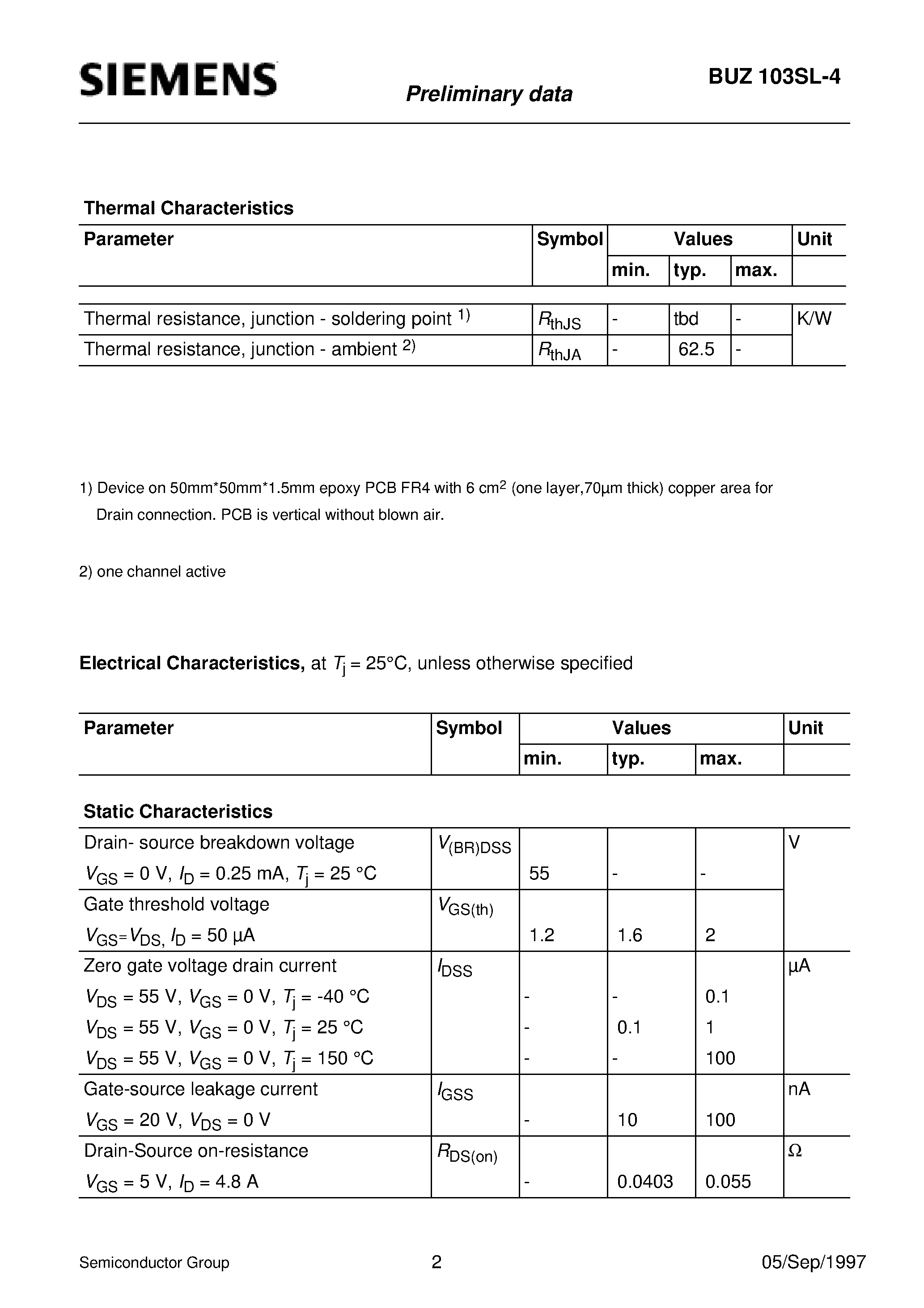 Datasheet BUZ103SL-4 page 2 Datasheet BUZ103SL-4 - SIPMOS Power Transistor (Quad-channel Enhancement mode Logic level Avalanche-rated d v/d t rated) page 2
