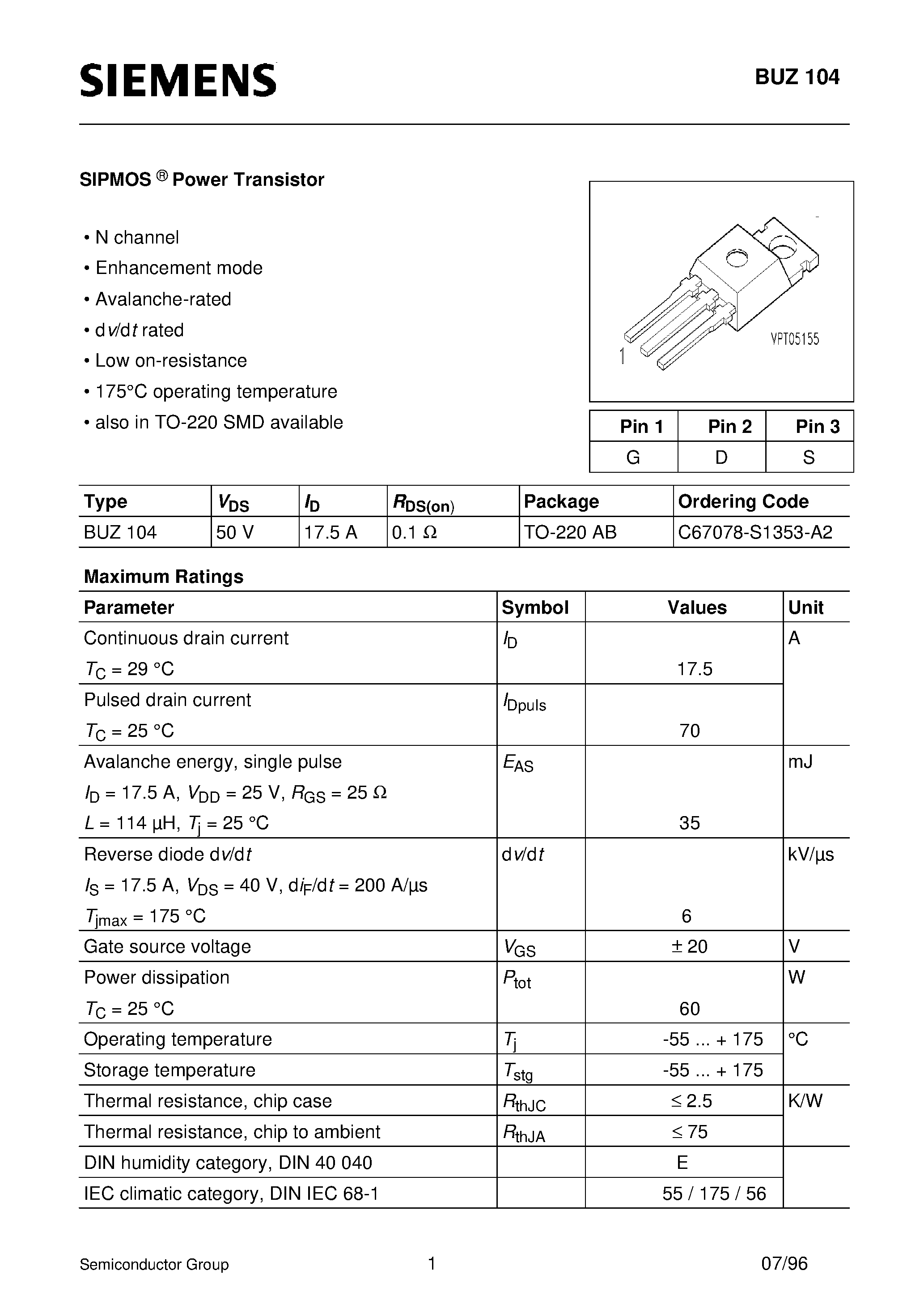 Даташит BUZ104 - SIPMOS Power Transistor (N channel Enhancement mode Avalanche-rated d v/d t rated Low on-resistance) страница 1
