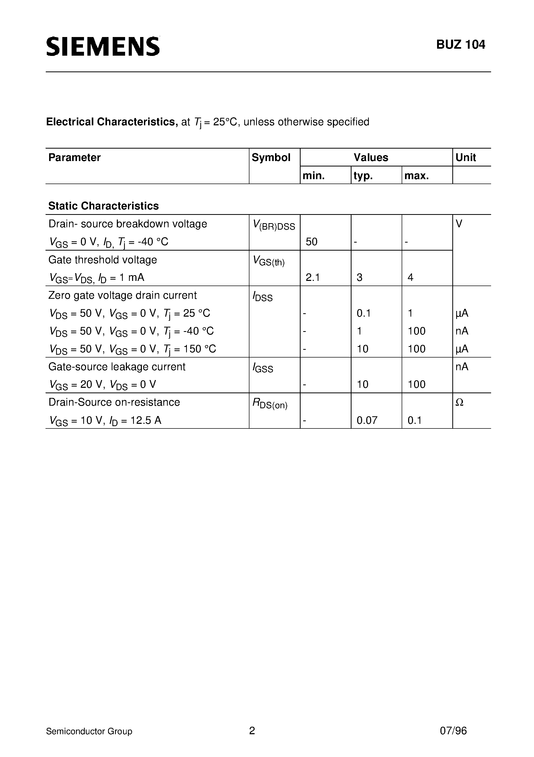 Даташит BUZ104 - SIPMOS Power Transistor (N channel Enhancement mode Avalanche-rated d v/d t rated Low on-resistance) страница 2