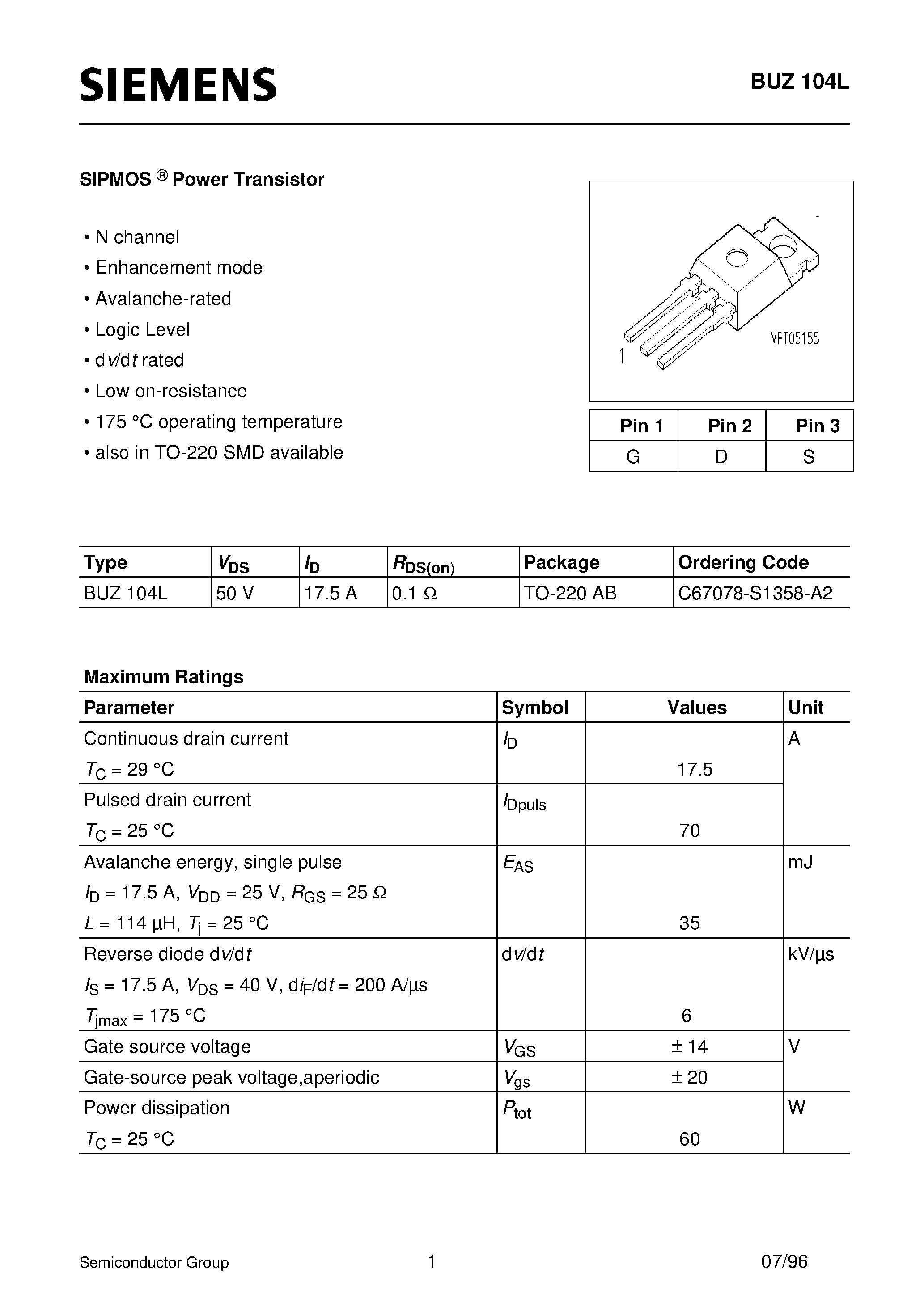 Datasheet BUZ104L - SIPMOS Power Transistor (N channel Enhancement mode Avalanche-rated Logic Level d v/d t rated Low on-resistance) page 1