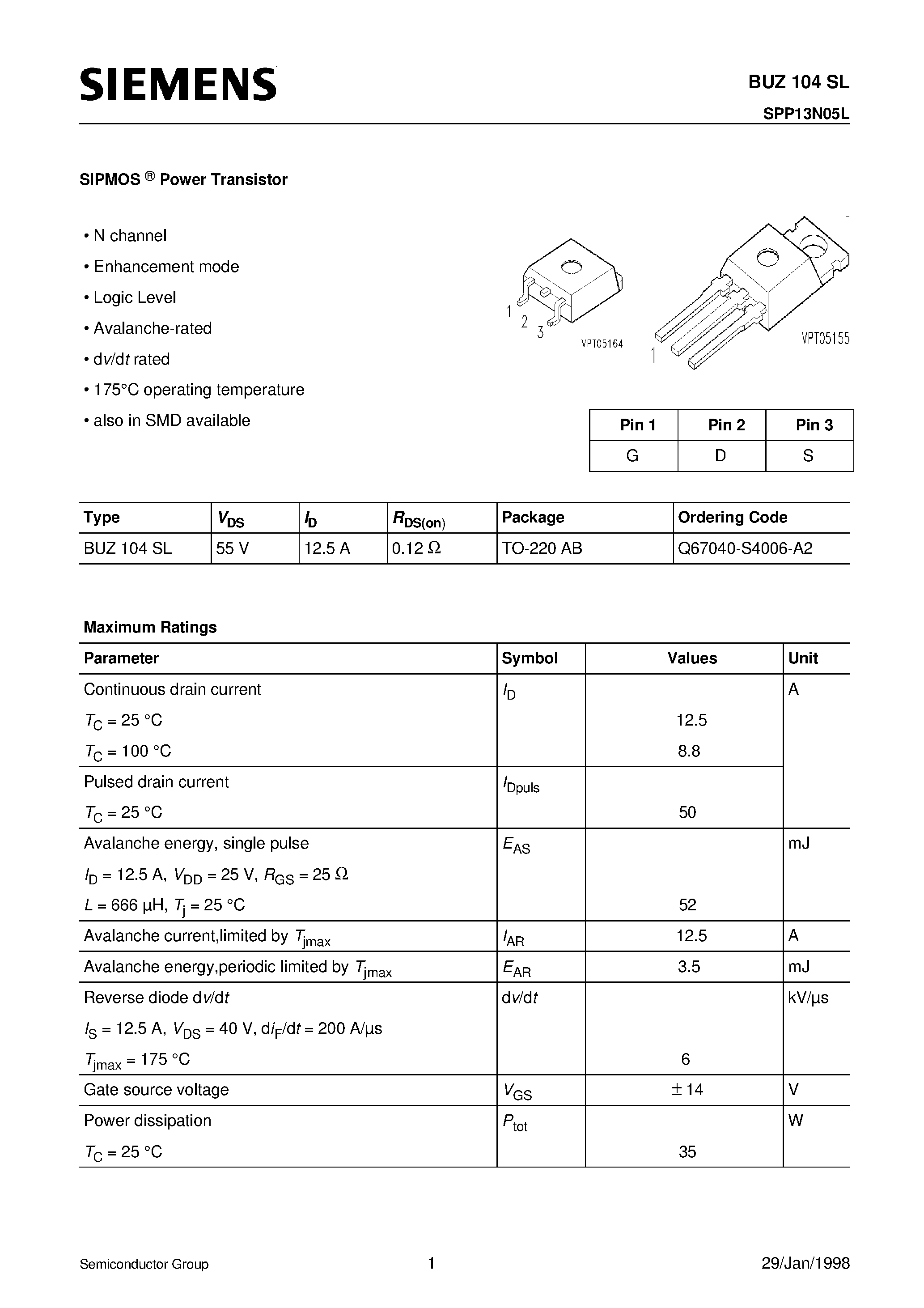 Даташит BUZ104SL - SIPMOS Power Transistor (N channel Enhancement mode Logic Level Avalanche-rated dv/dt rated 175C operating temperature) страница 1