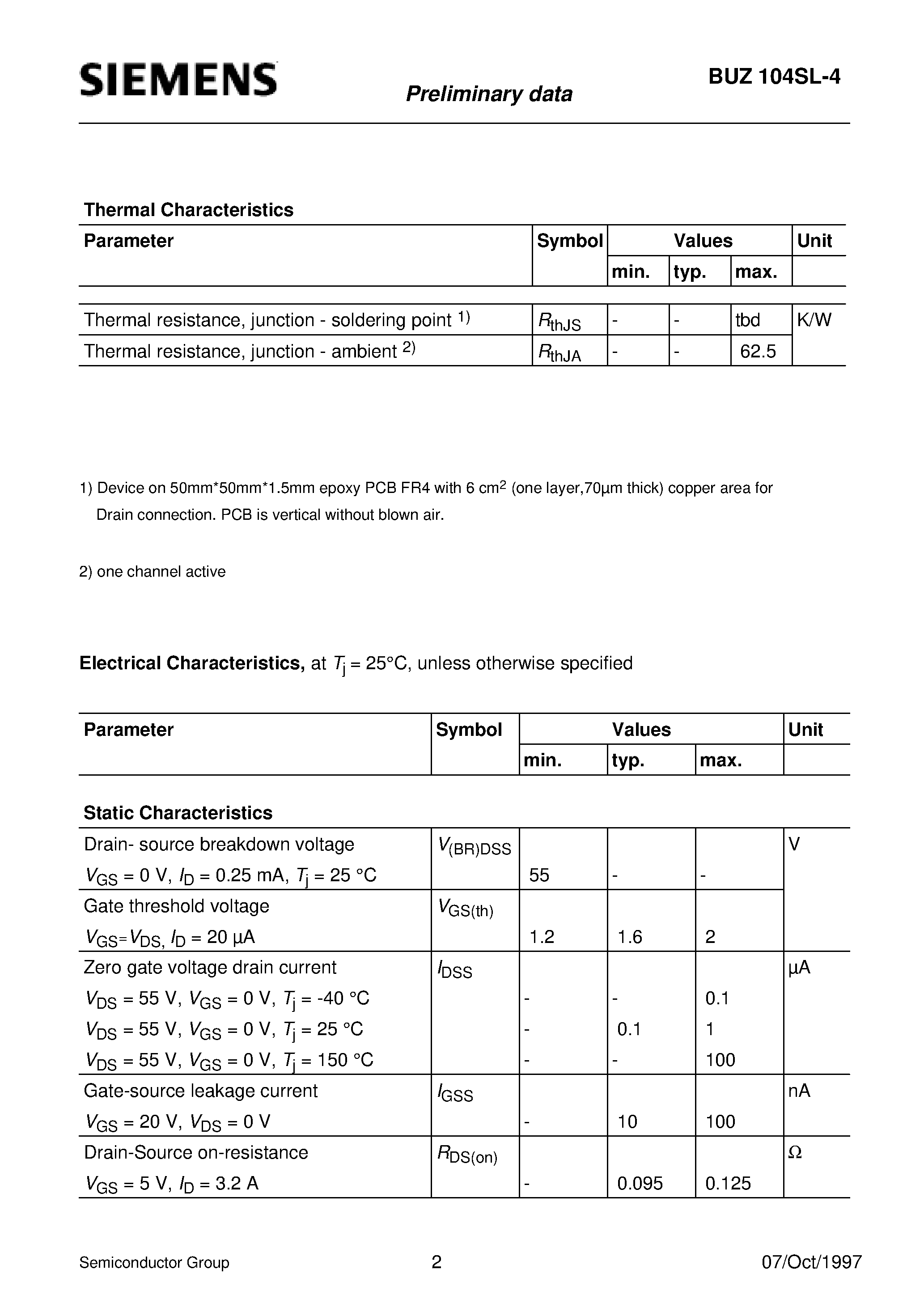 Даташит BUZ104SL-4 - SIPMOS Power Transistor (Quad-channel Enhancement mode Logic level Avalanche-rated d v/d t rated) страница 2
