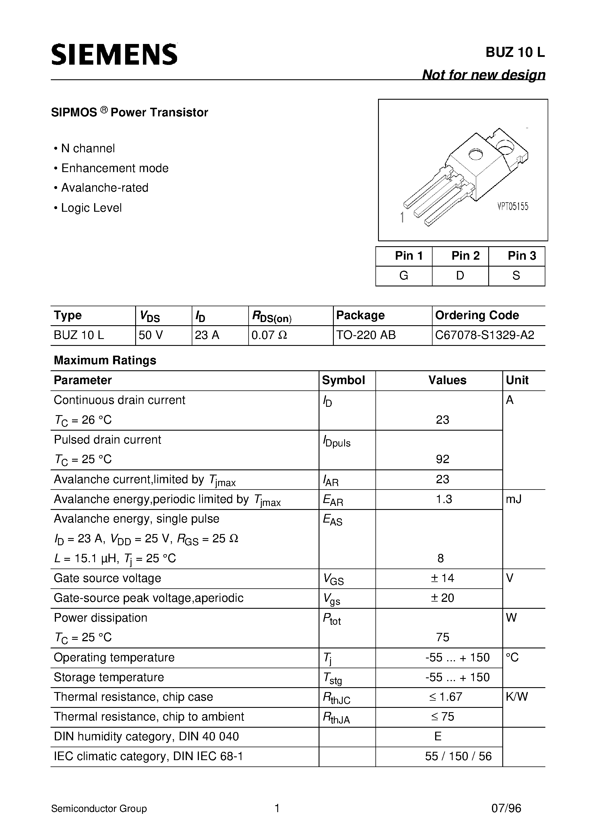 Datasheet BUZ10L - SIPMOS Power Transistor (N channel Enhancement mode Avalanche-rated Logic Level) page 1