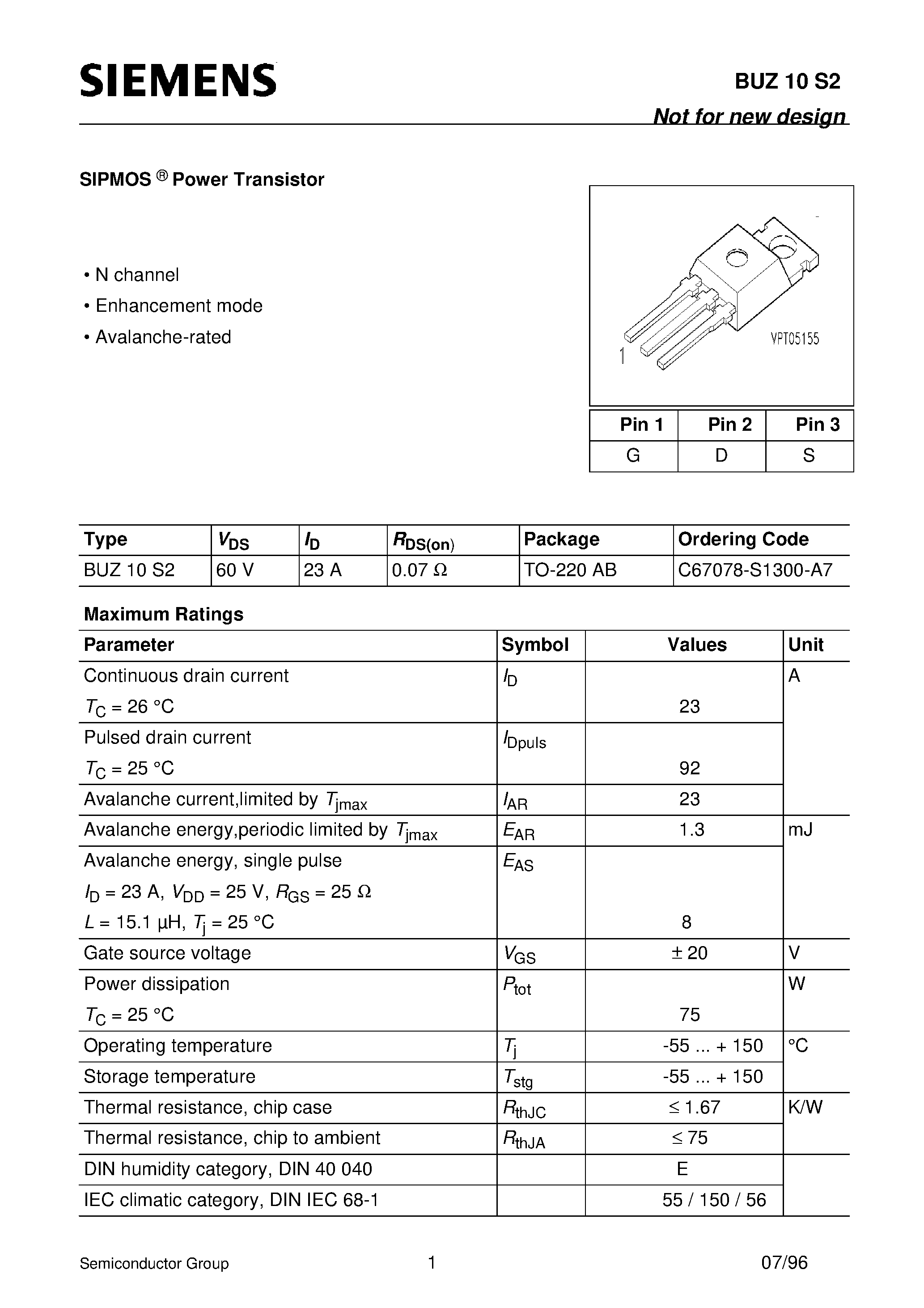 Datasheet BUZ10S2 - SIPMOS Power Transistor (N channel Enhancement mode Avalanche-rated) page 1