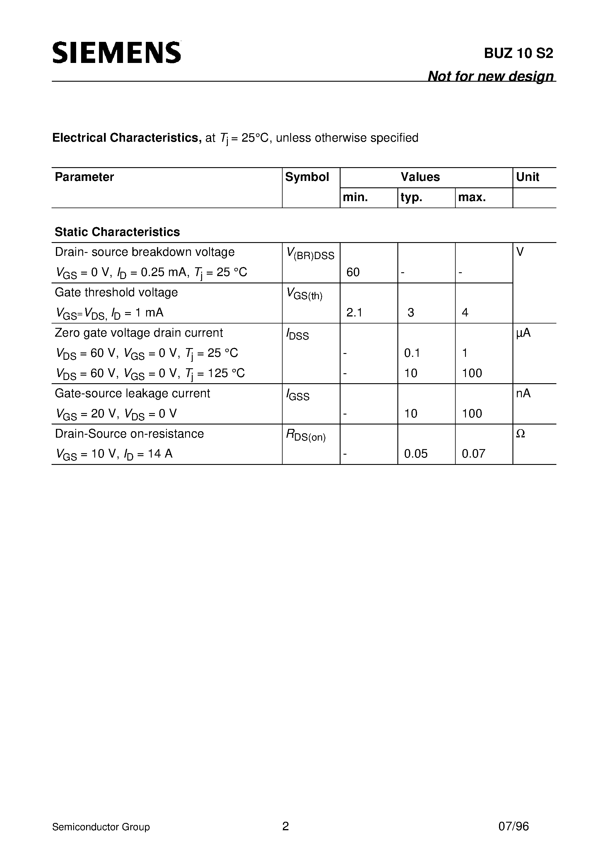 Datasheet BUZ10S2 - SIPMOS Power Transistor (N channel Enhancement mode Avalanche-rated) page 2