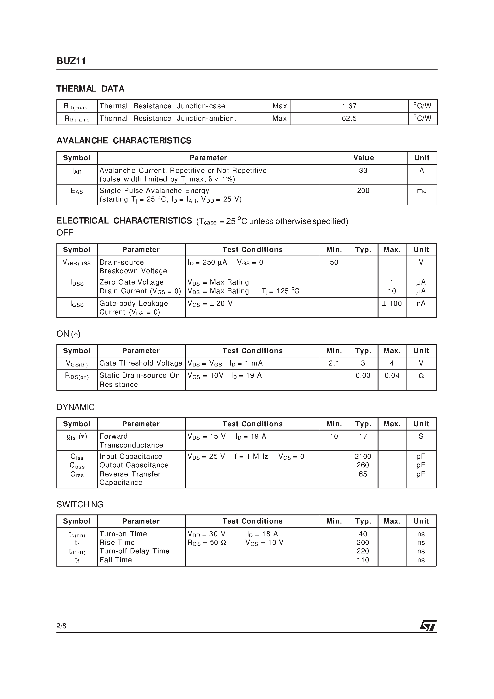 Datasheet BUZ11 - N - CHANNEL 50V - 0.03W - 33A TO-220 STripFET] MOSFET page 2