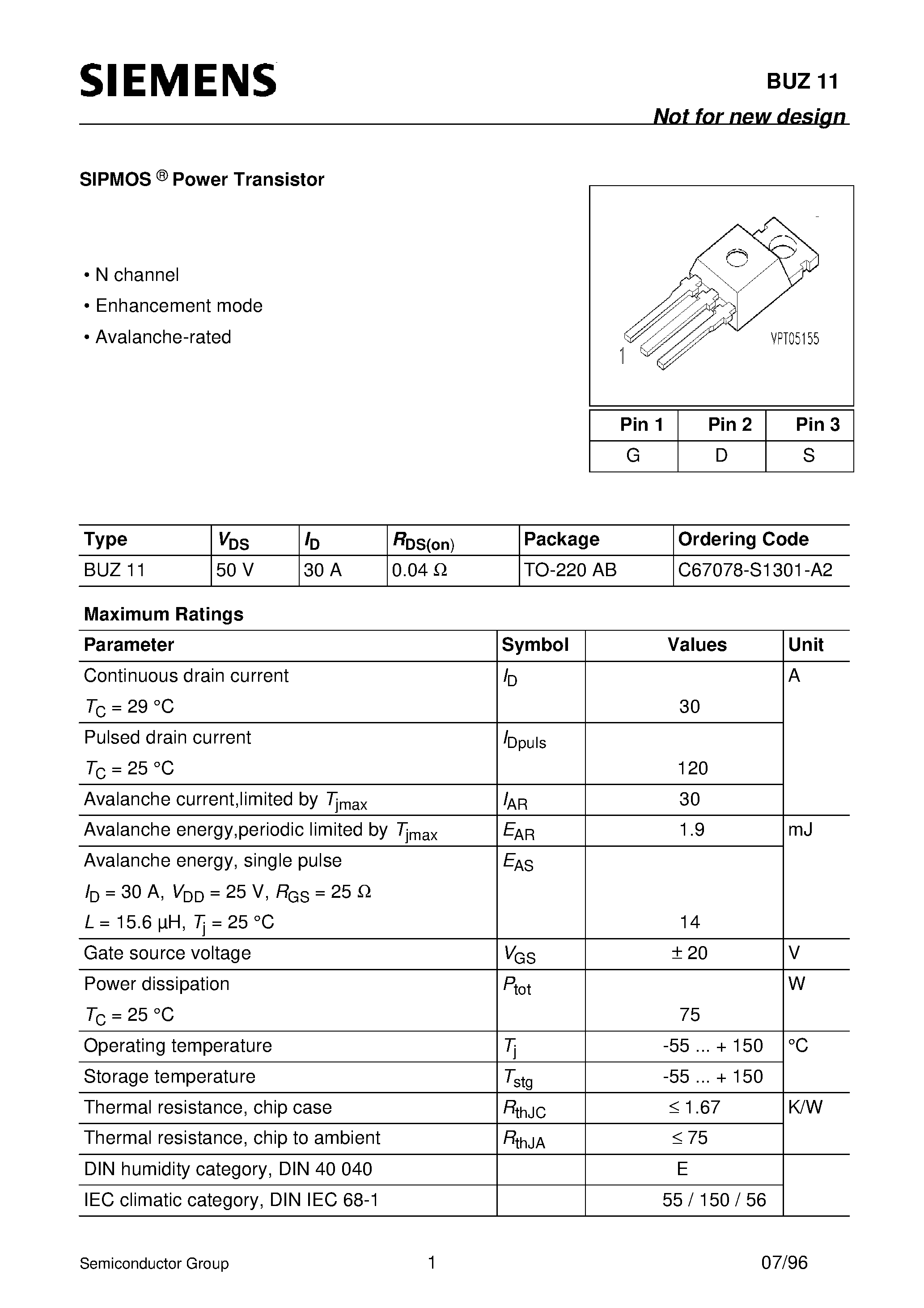 Datasheet BUZ11 - SIPMOS Power Transistorm (N channel Enhancement mode Avalanche-rated) page 1