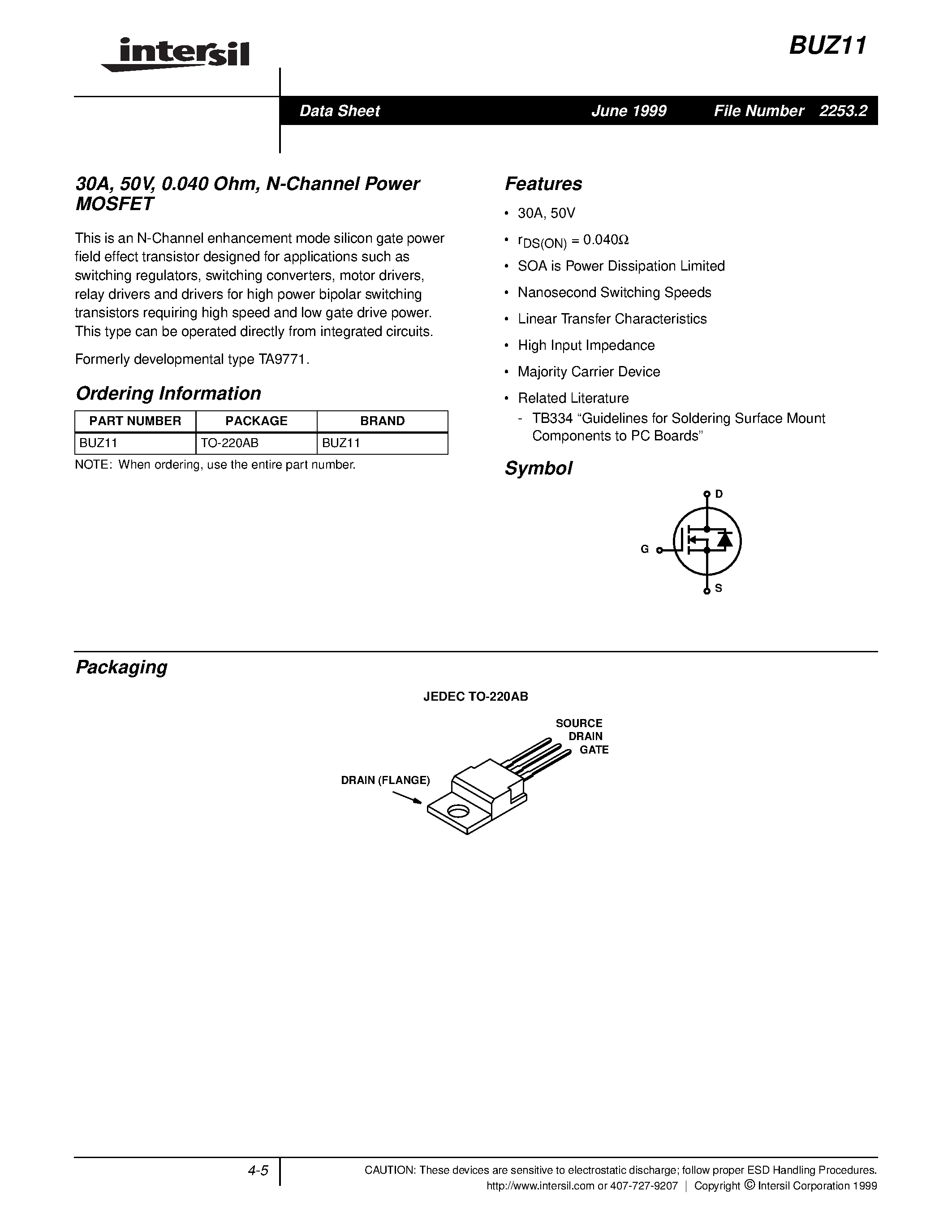 Даташит BUZ11 - 30A/ 50V/ 0.040 Ohm/ N-Channel Power MOSFET страница 1