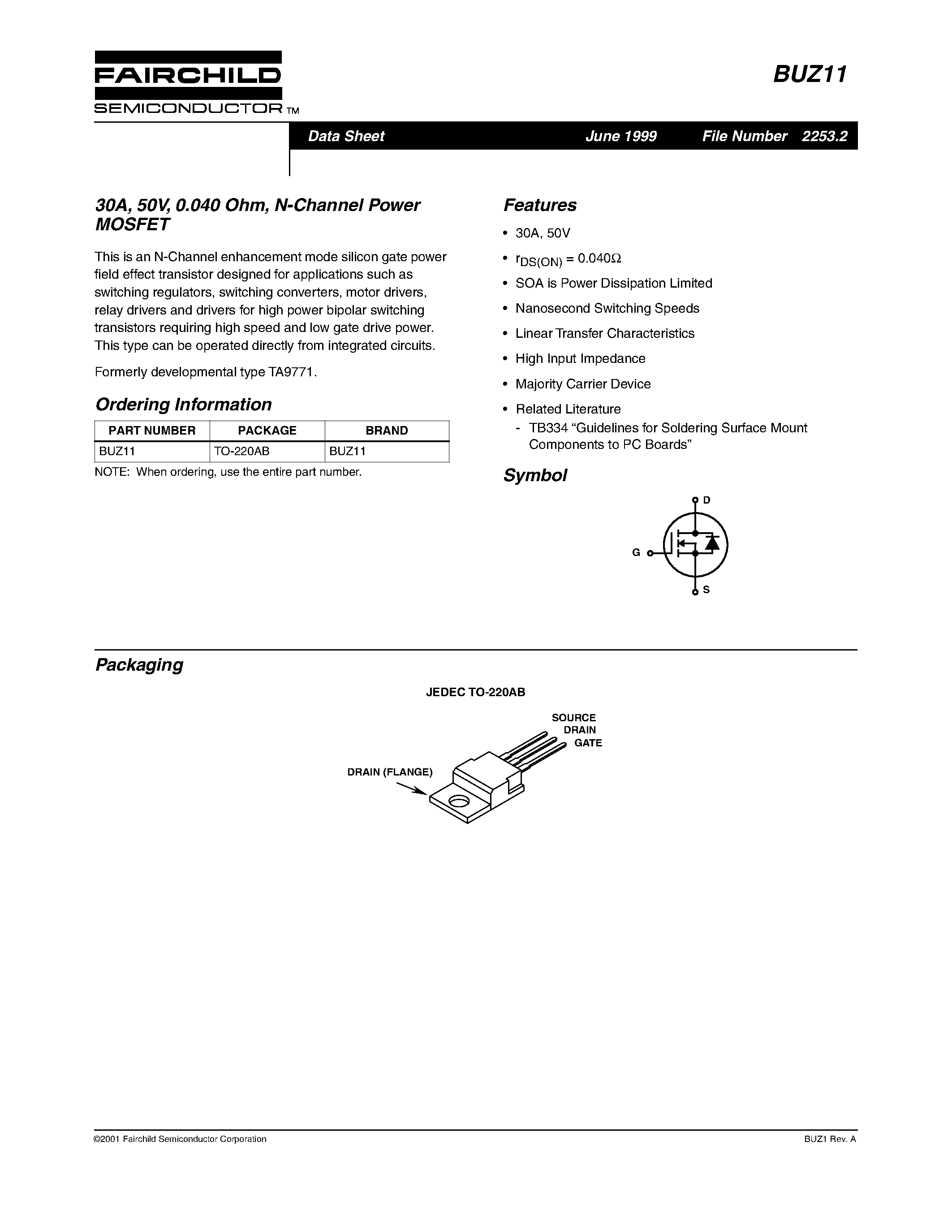 Datasheet BUZ11 - 30A/ 50V/ 0.040 Ohm/ N-Channel Power MOSFET page 1