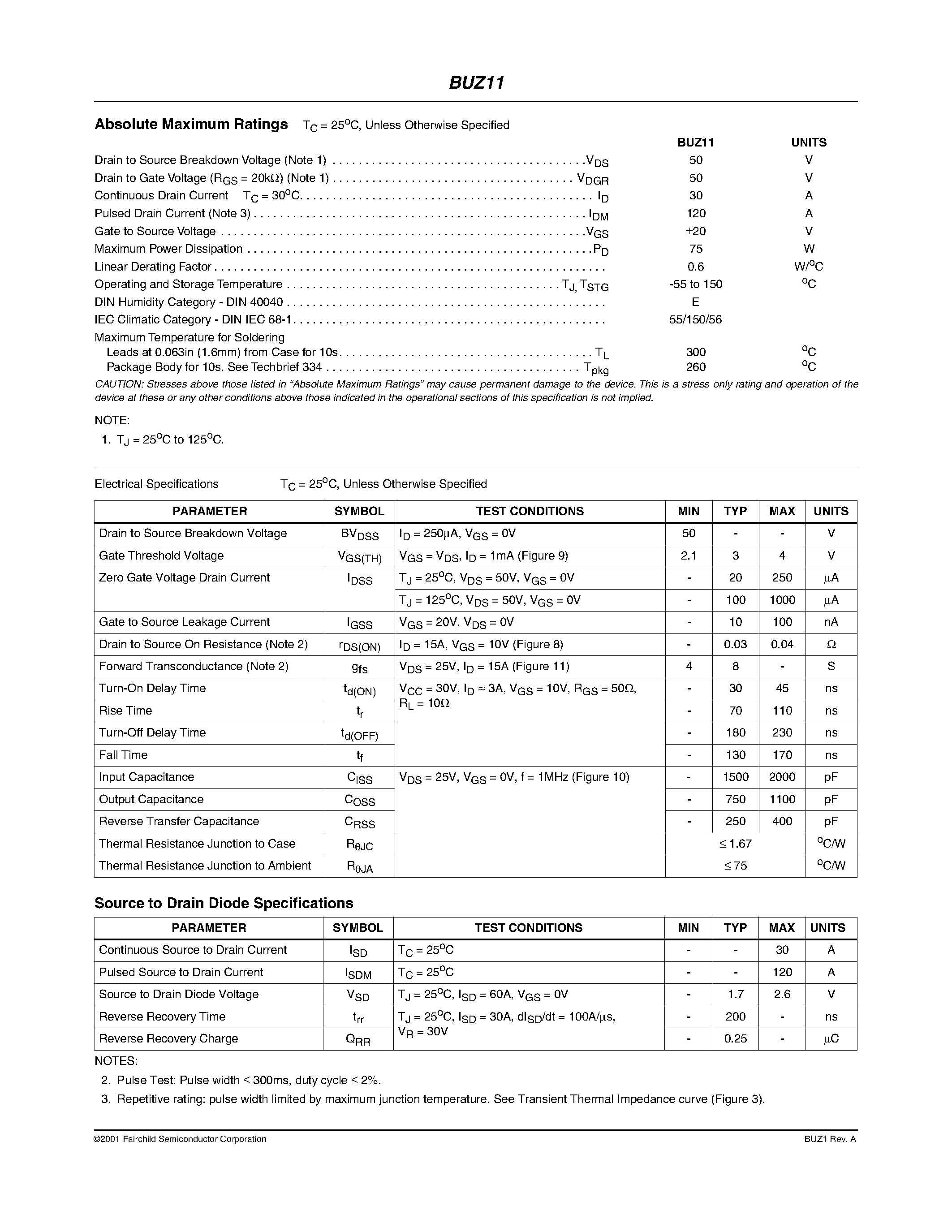 Datasheet BUZ11 - 30A/ 50V/ 0.040 Ohm/ N-Channel Power MOSFET page 2