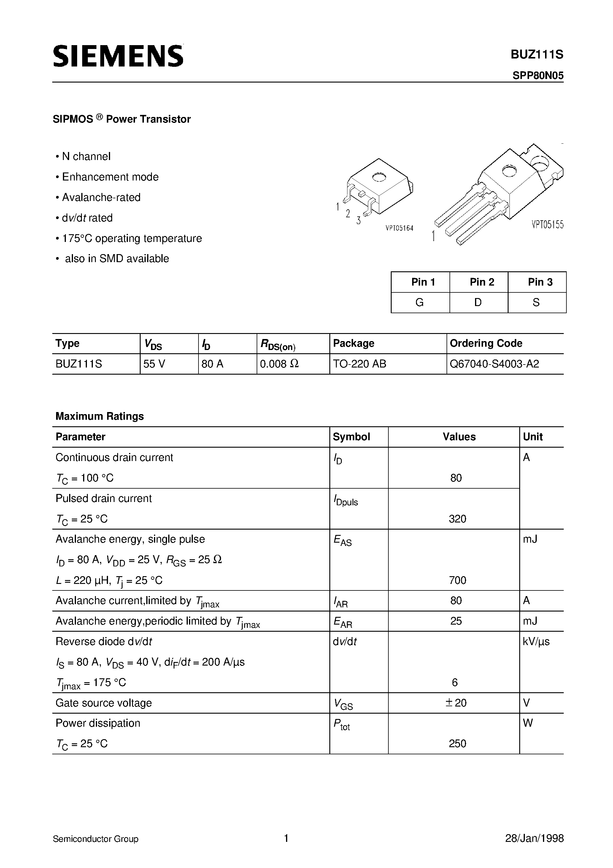 Даташит BUZ111 - SIPMOS Power Transistor (N channel Enhancement mode Logic Level Avalanche-rated dv/dt rated) страница 1