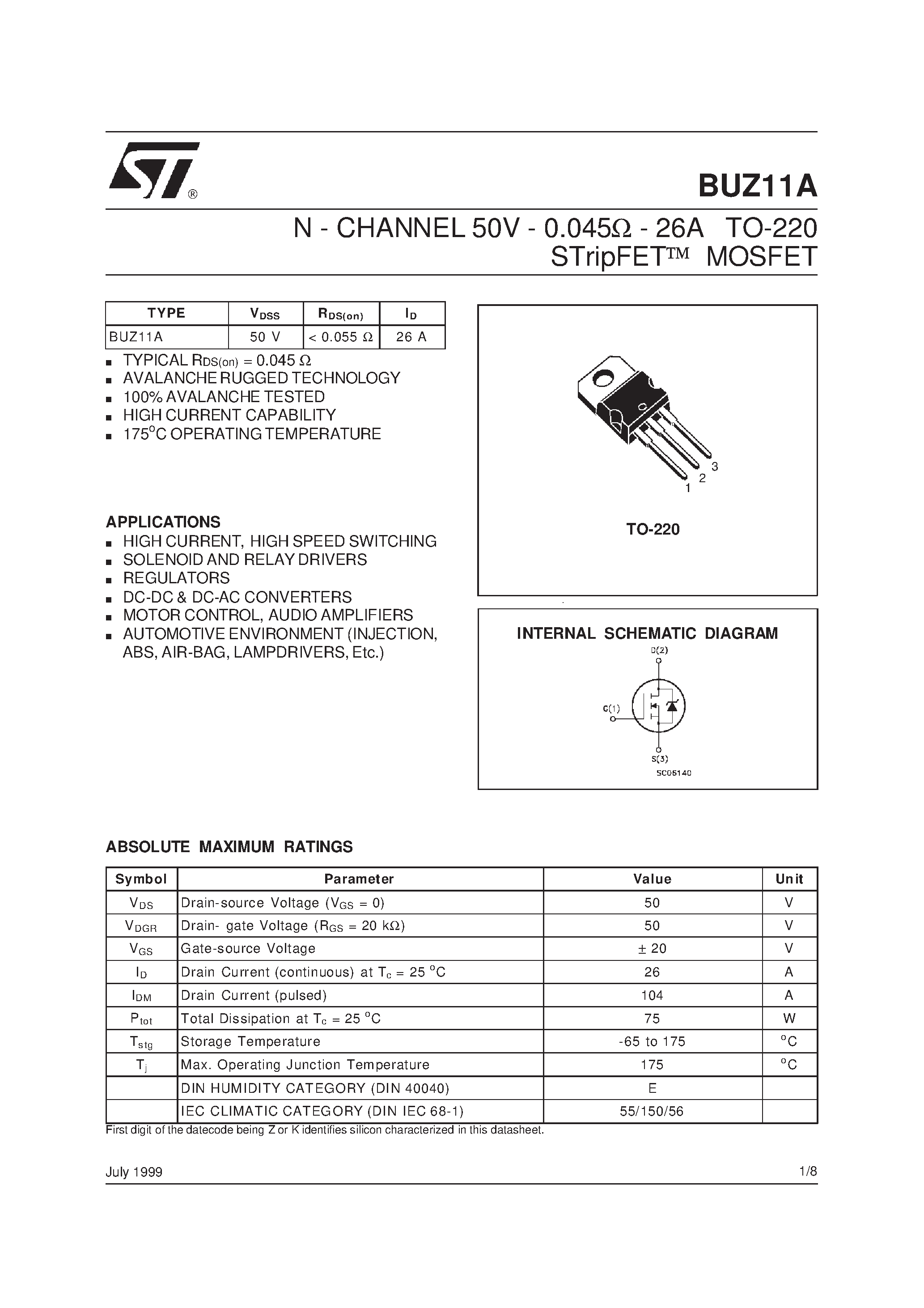 Даташит BUZ11A - N - CHANNEL 50V - 0.045W - 26A TO-220 STripFET] MOSFET страница 1