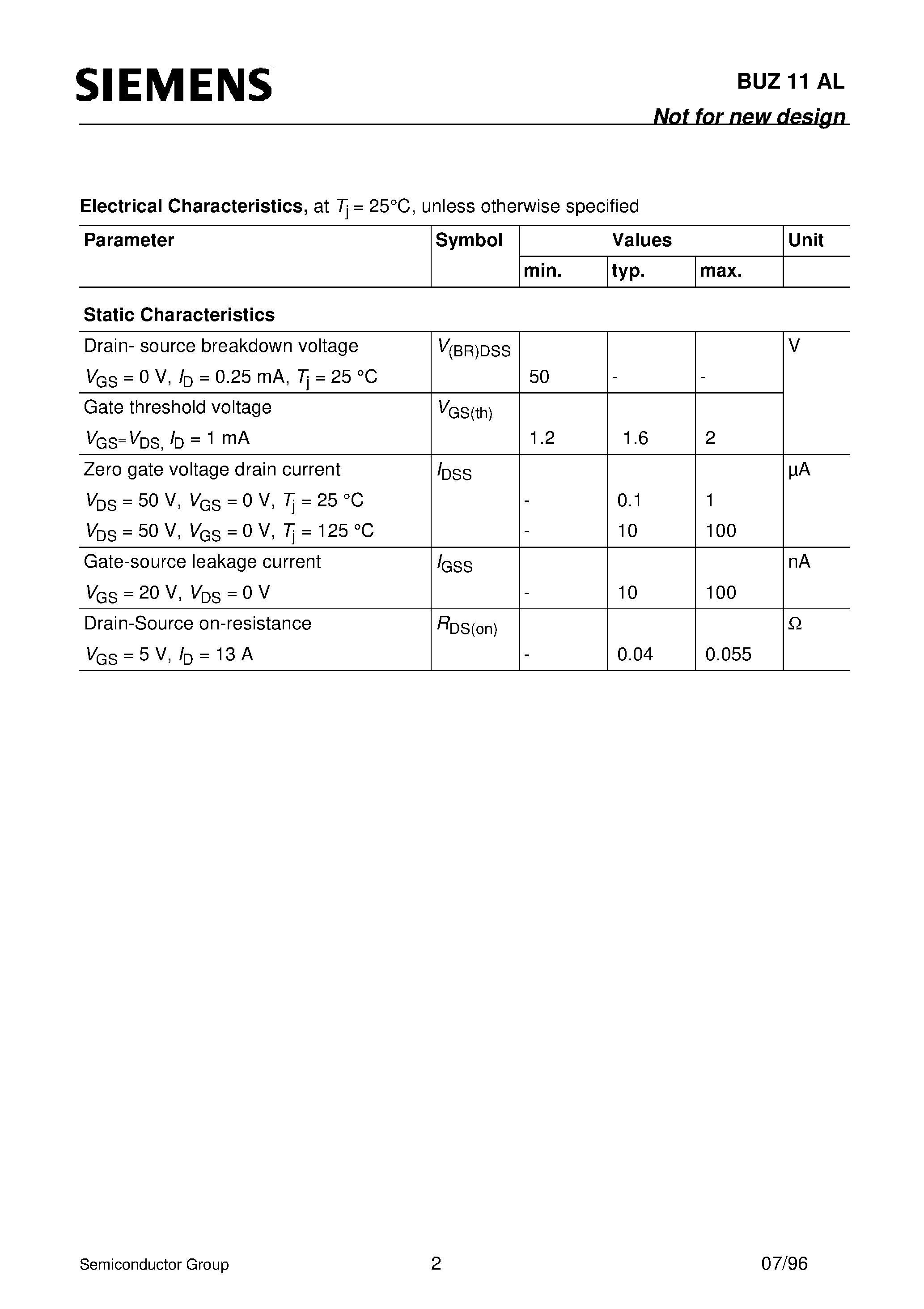 Datasheet BUZ11AL page 2 Datasheet BUZ11AL - SIPMOS Power Transistor (N channel Enhancement mode Avalanche-rated Logic Level) page 2