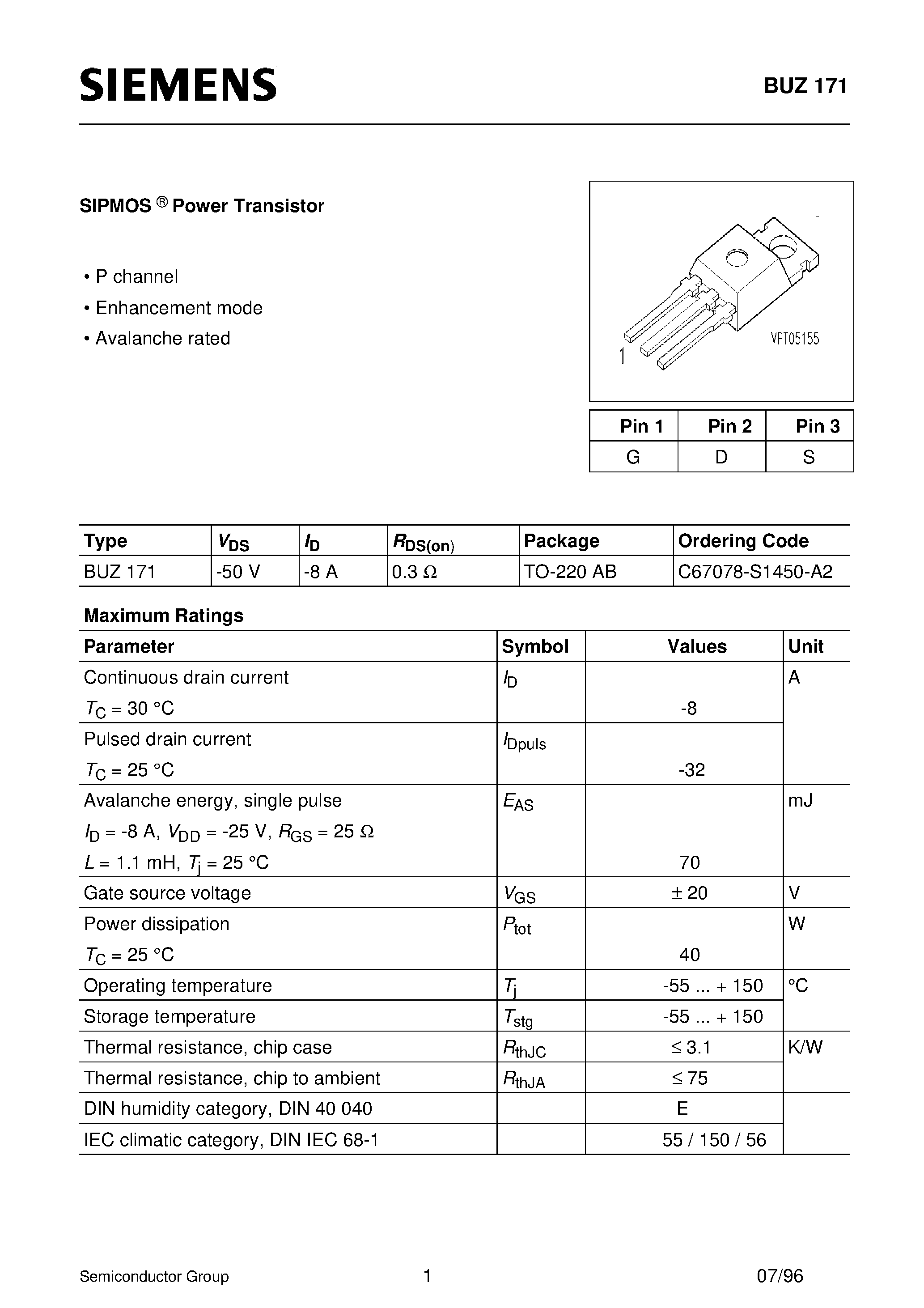 Datasheet BUZ171 page 1 Datasheet BUZ171 - SIPMOS Power Transistor (P channel Enhancement mode Avalanche rated) page 1
