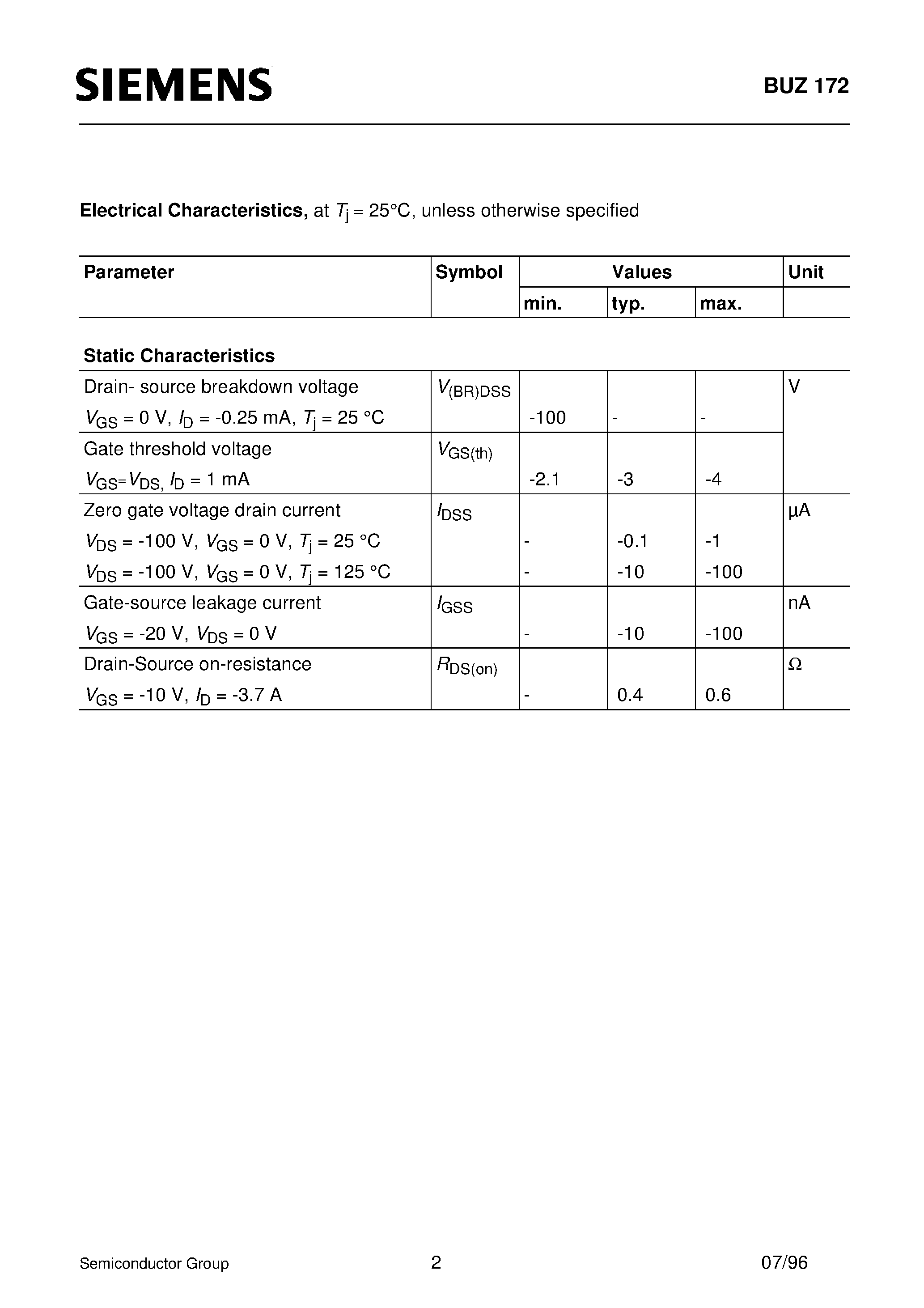Datasheet BUZ172 page 2 Datasheet BUZ172 - SIPMOS Power Transistor (P channel Enhancement mode Avalanche rated) page 2