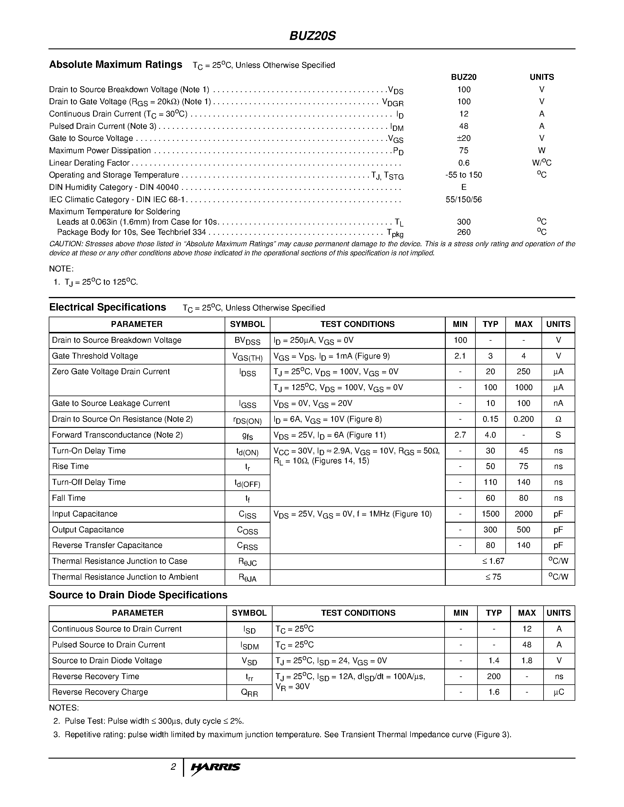 Datasheet BUZ20 page 2 Datasheet BUZ20 - 12A/ 100V/ 0.200 Ohm/ N-Channel Power MOSFET page 2