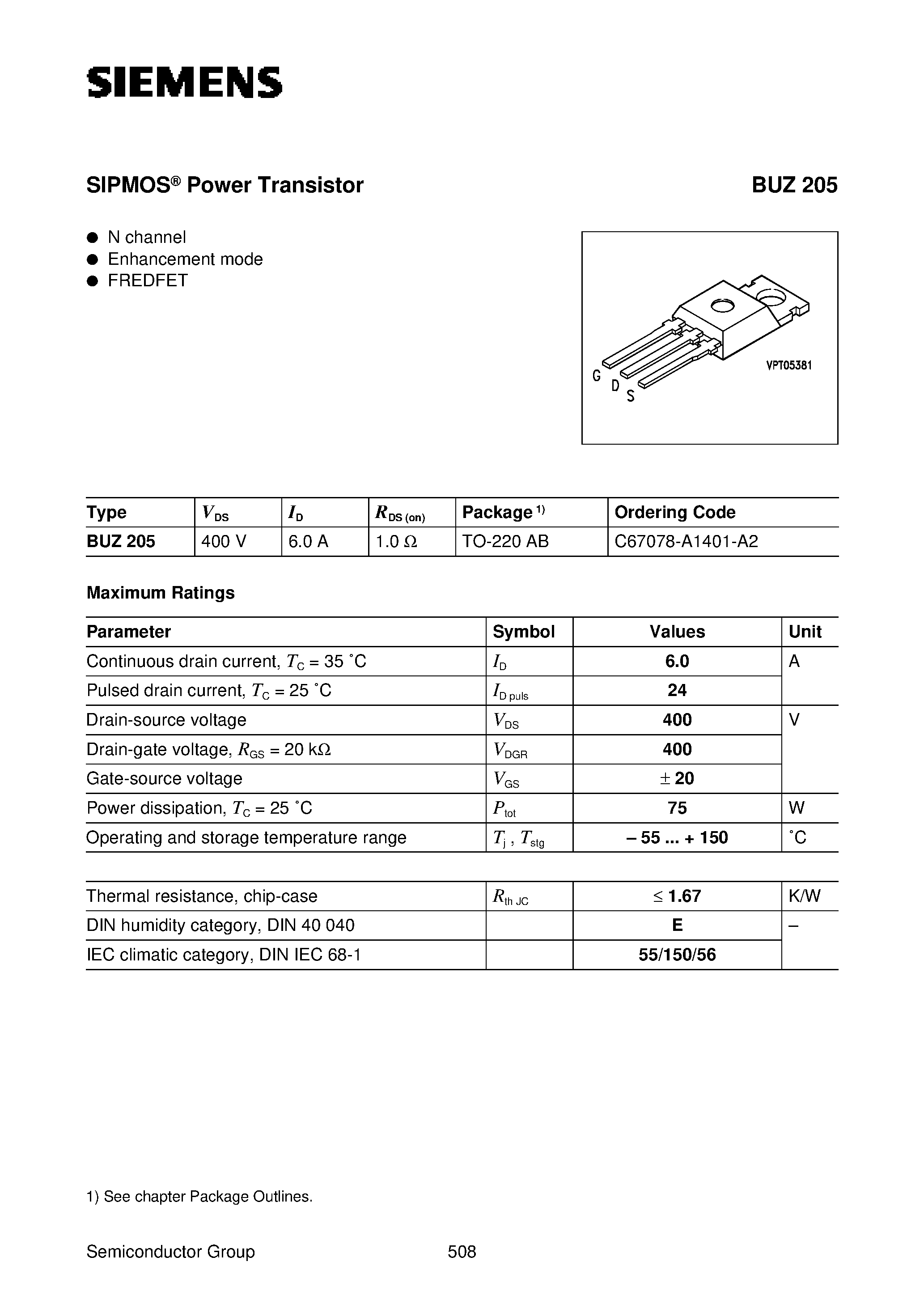 Datasheet BUZ205 - SIPMOS Power Transistor (N channel Enhancement mode FREDFET) page 1