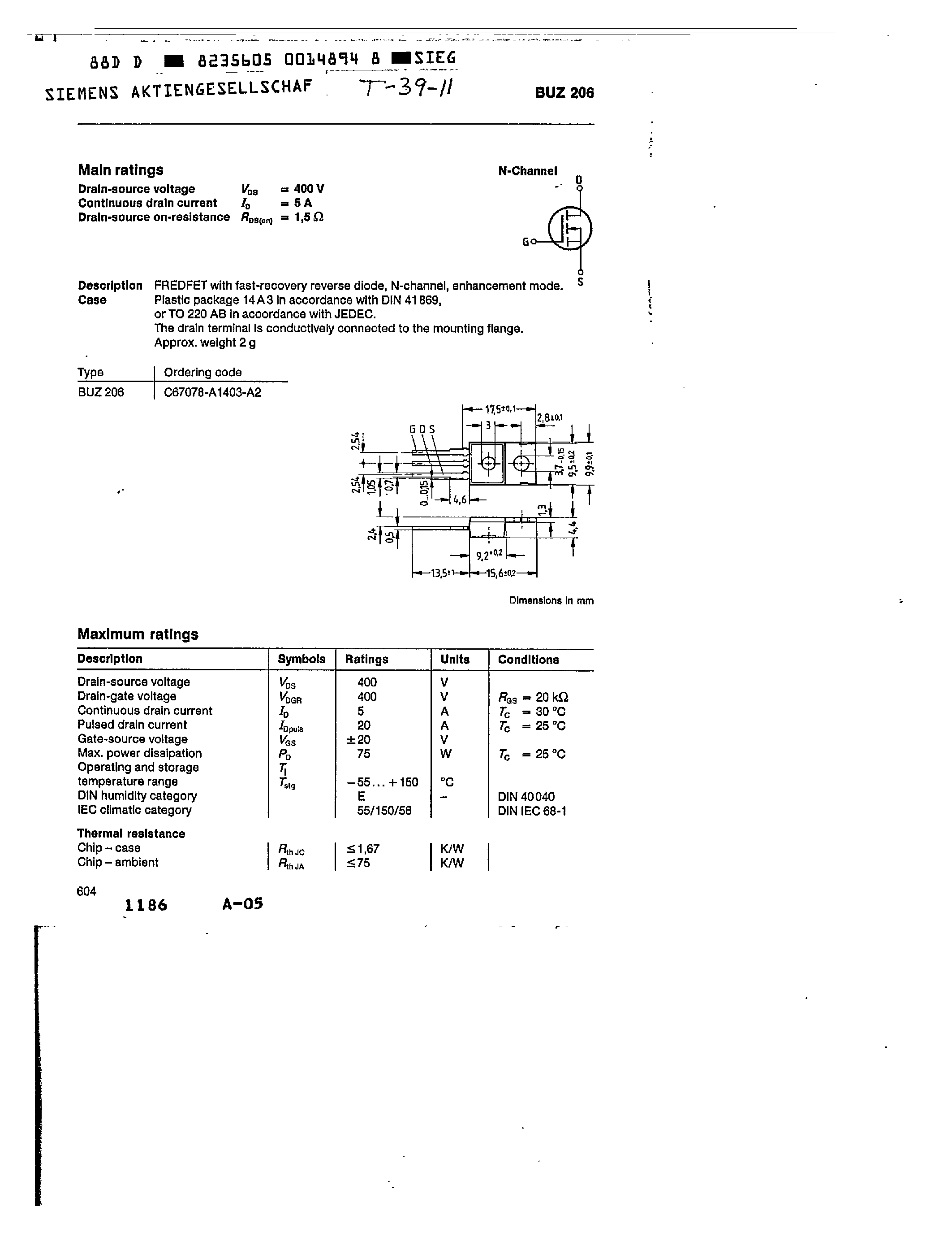 Datasheet BUZ206 page 1 Datasheet BUZ206 - main ratings page 1