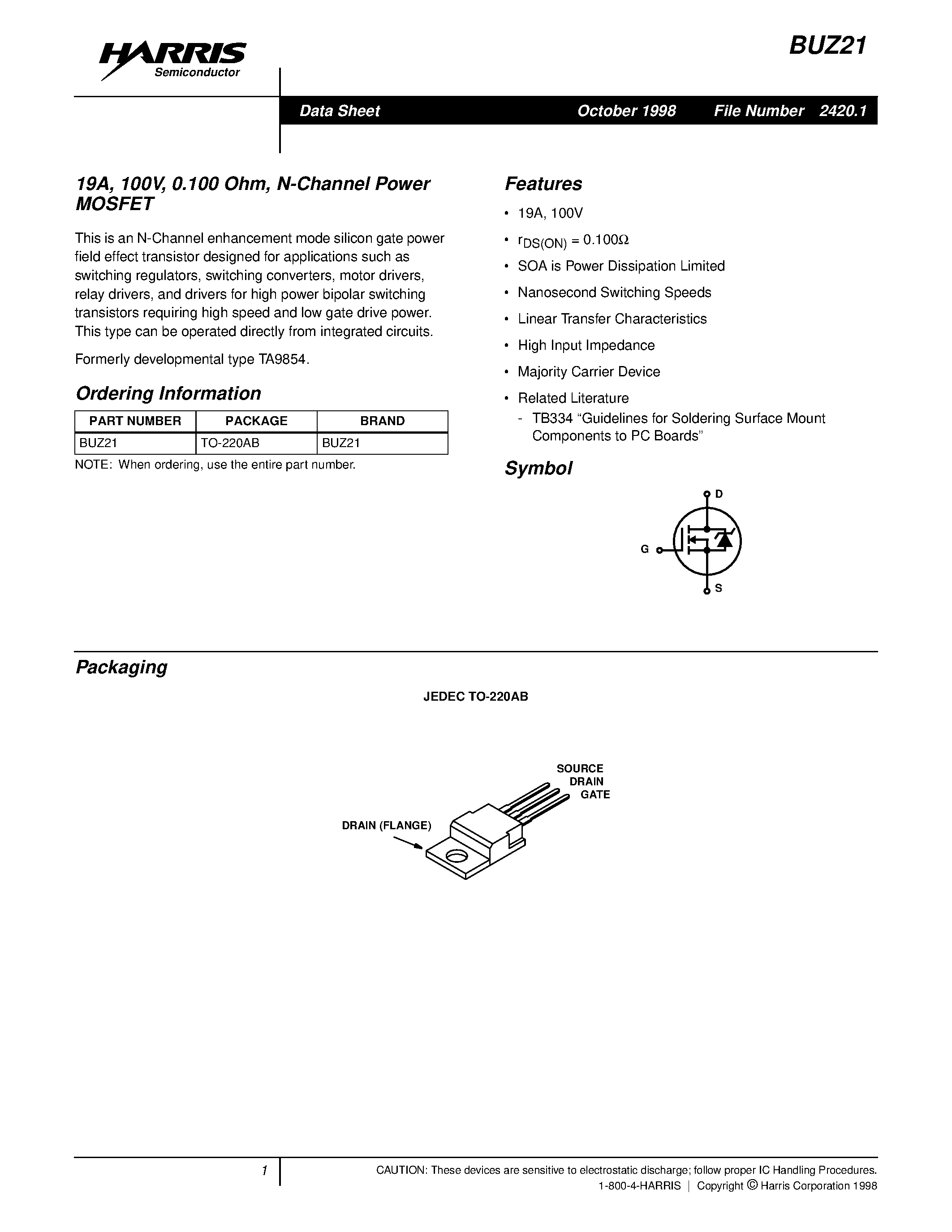 Datasheet BUZ21 page 1 Datasheet BUZ21 - 19A/ 100V/ 0.100 Ohm/ N-Channel Power MOSFET page 1