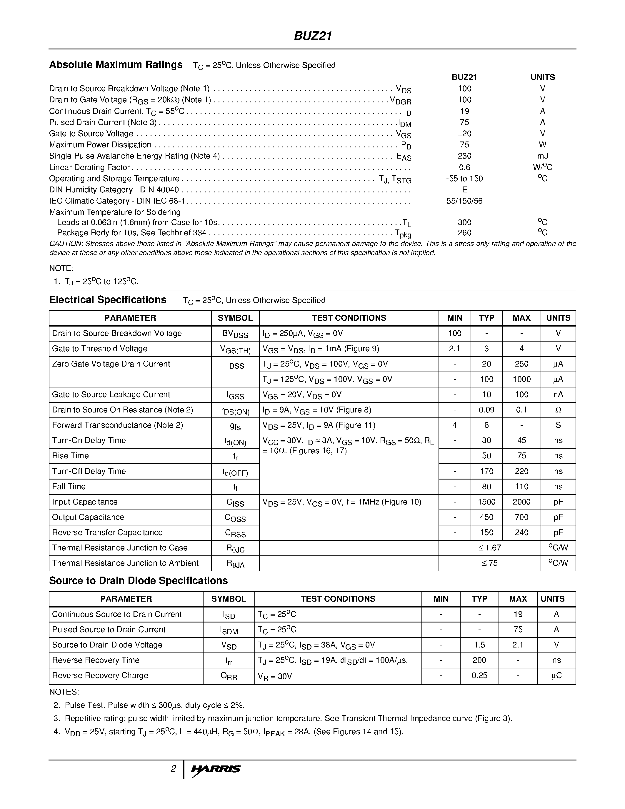 Datasheet BUZ21 page 2 Datasheet BUZ21 - 19A/ 100V/ 0.100 Ohm/ N-Channel Power MOSFET page 2