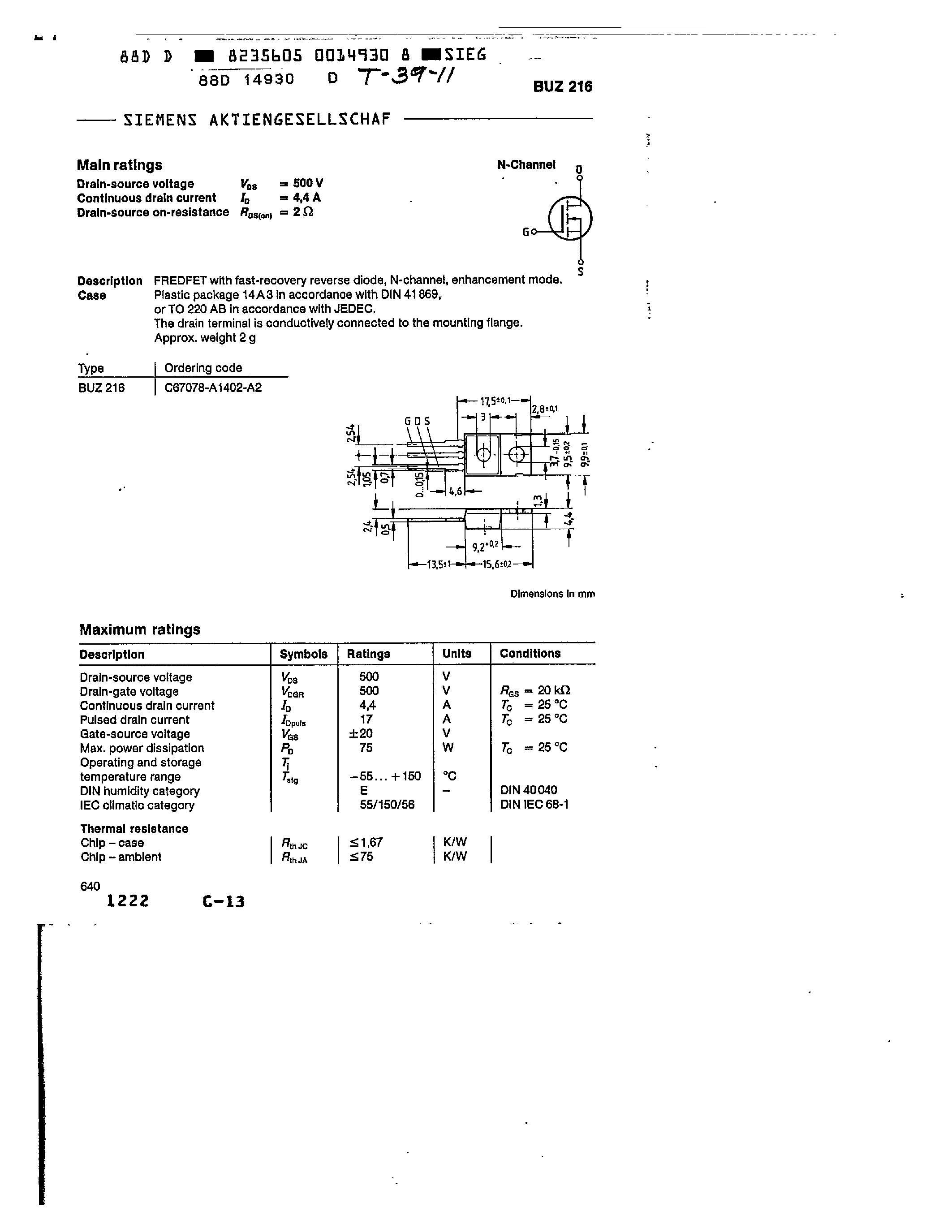 Datasheet BUZ216 page 1 Datasheet BUZ216 - main ratings page 1