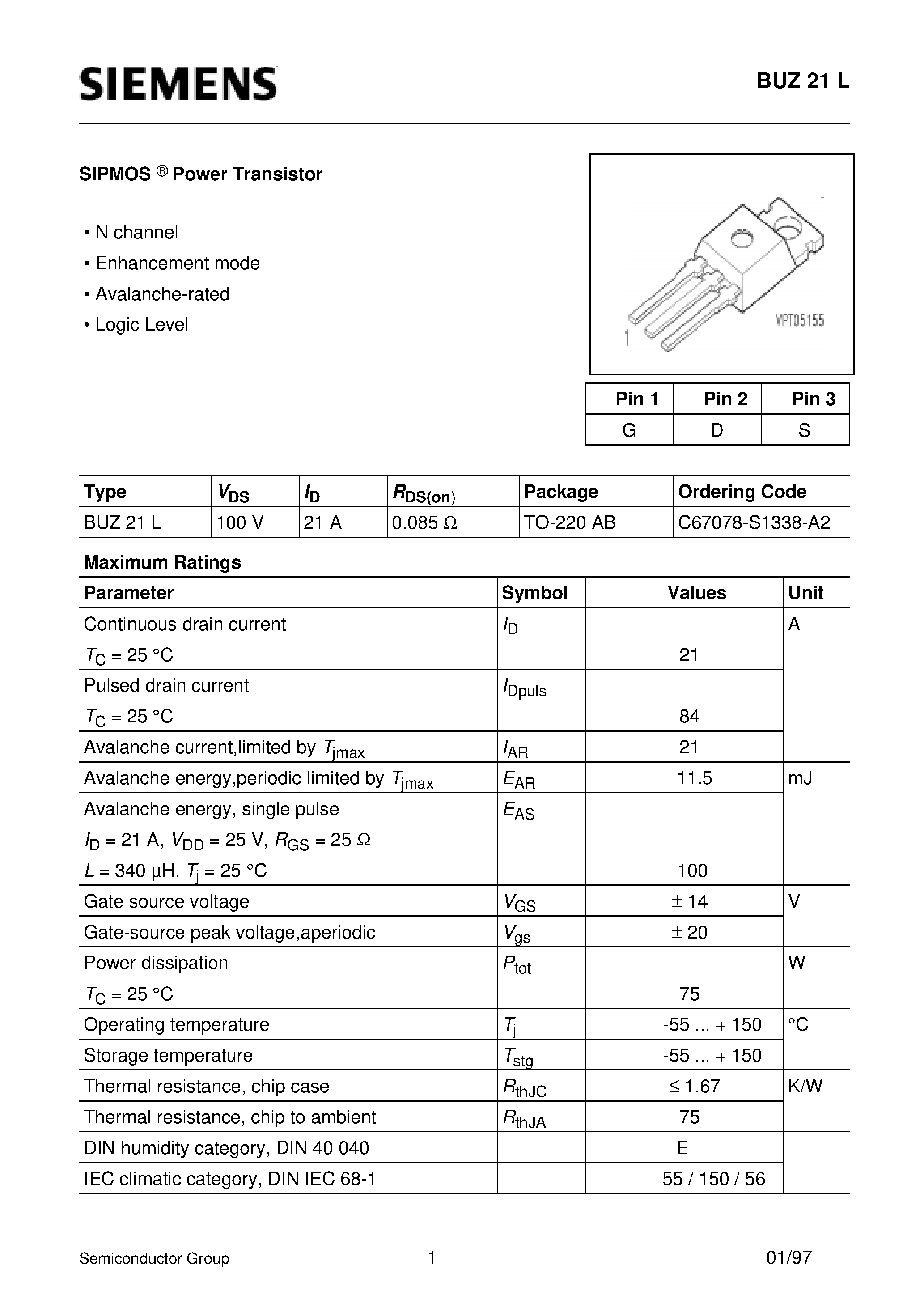 Datasheet BUZ21L page 1 Datasheet BUZ21L - SIPMOS Power Transistor (N channel Enhancement mode Avalanche-rated Logic Level) page 1