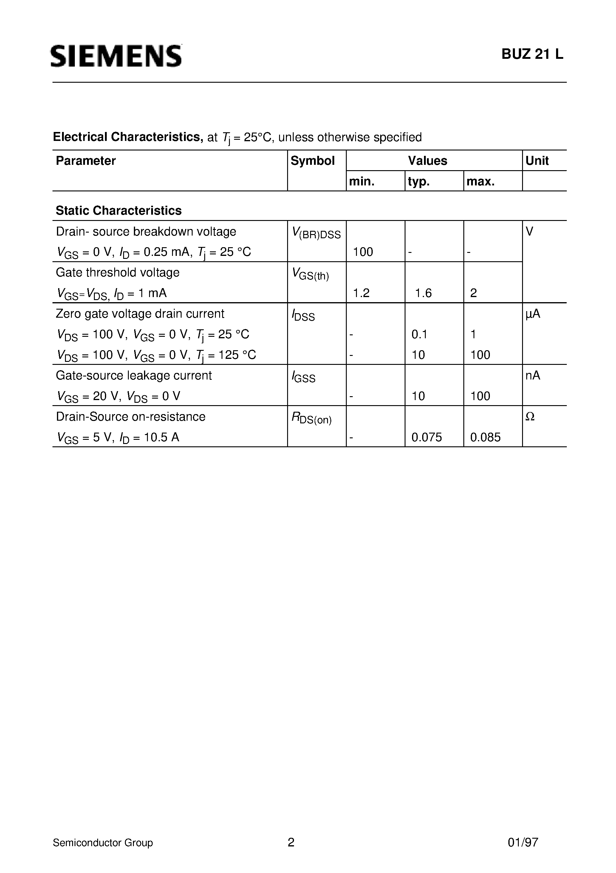 Datasheet BUZ21L page 2 Datasheet BUZ21L - SIPMOS Power Transistor (N channel Enhancement mode Avalanche-rated Logic Level) page 2