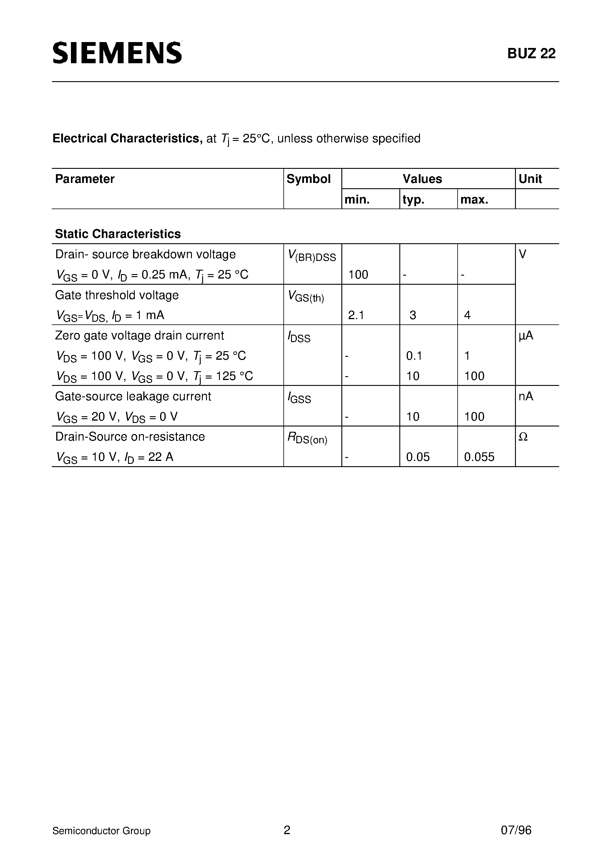 Datasheet BUZ22 page 2 Datasheet BUZ22 - SIPMOS Power Transistor (N channel Enhancement mode Avalanche-rated) page 2