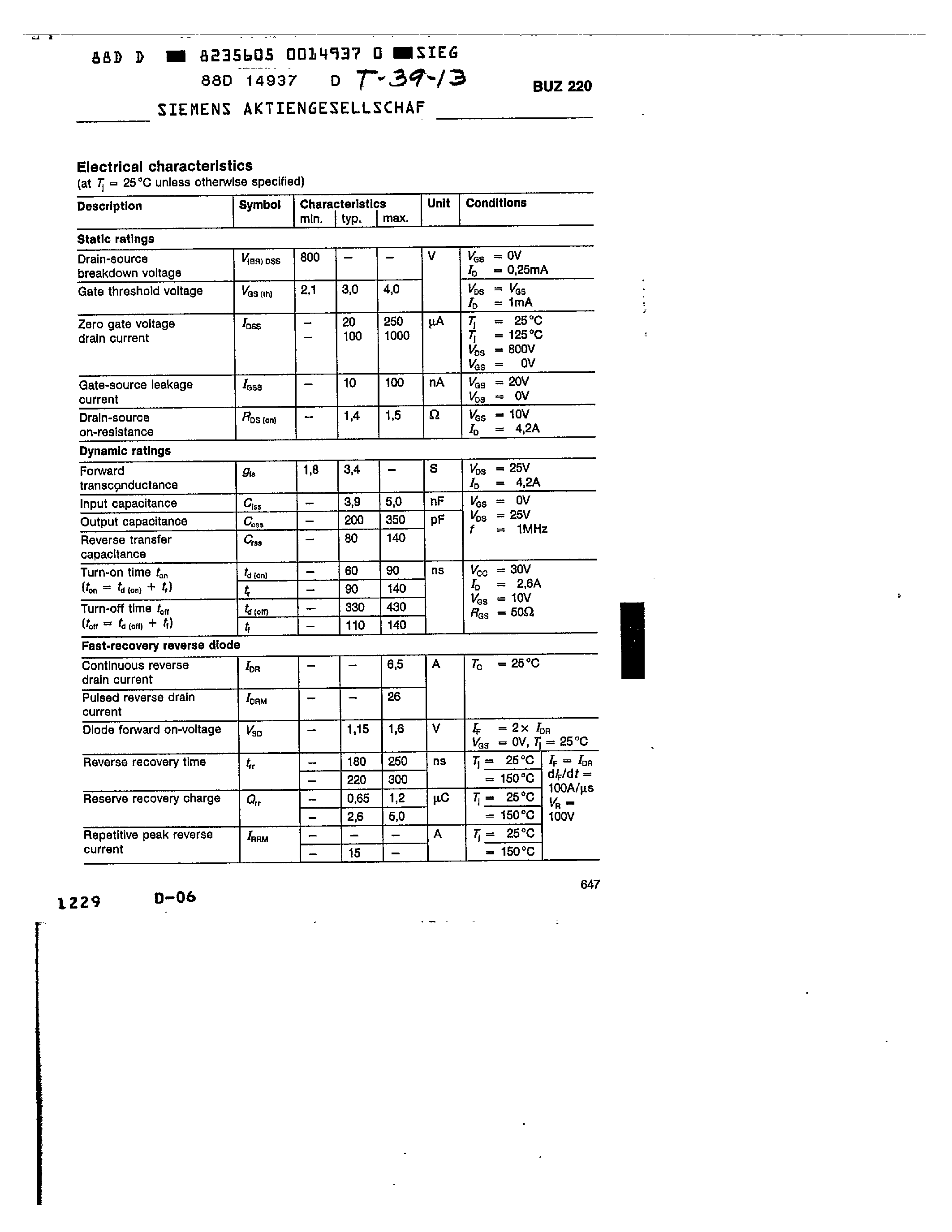 Datasheet BUZ220 - main ratings page 2