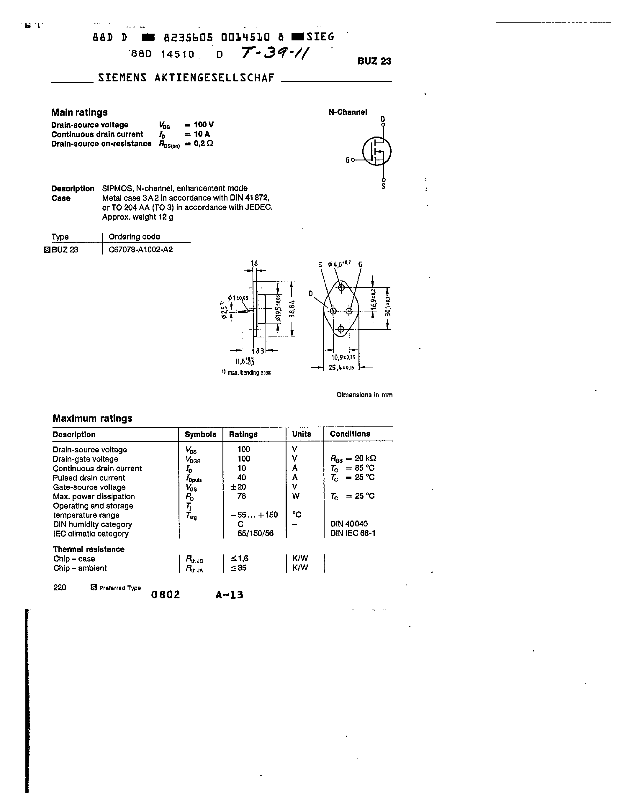 Datasheet BUZ23 page 1 Datasheet BUZ23 - main ratings page 1
