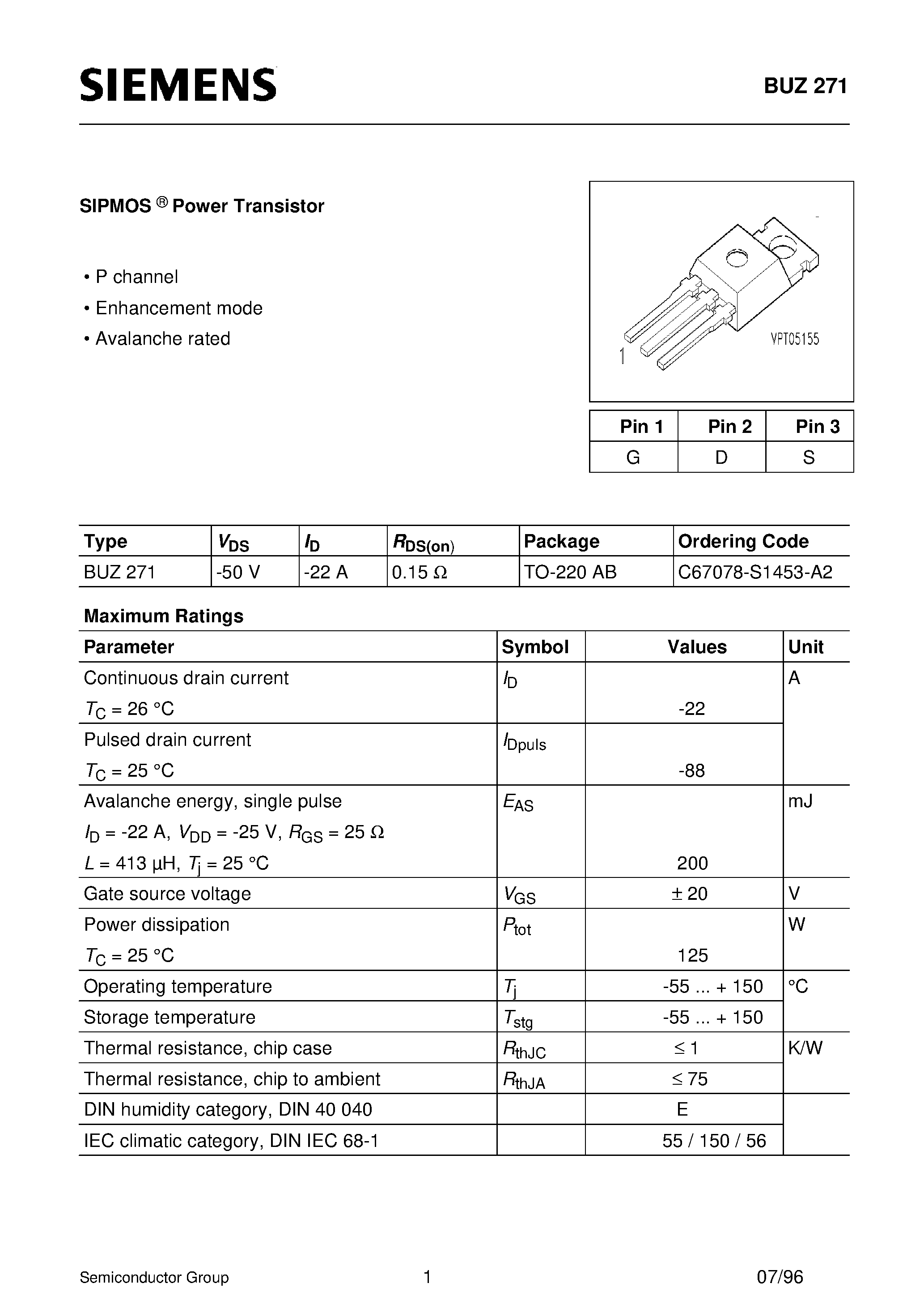Datasheet BUZ272 - SIPMOS Power Transistor (P channel Enhancement mode Avalanche rated) page 1
