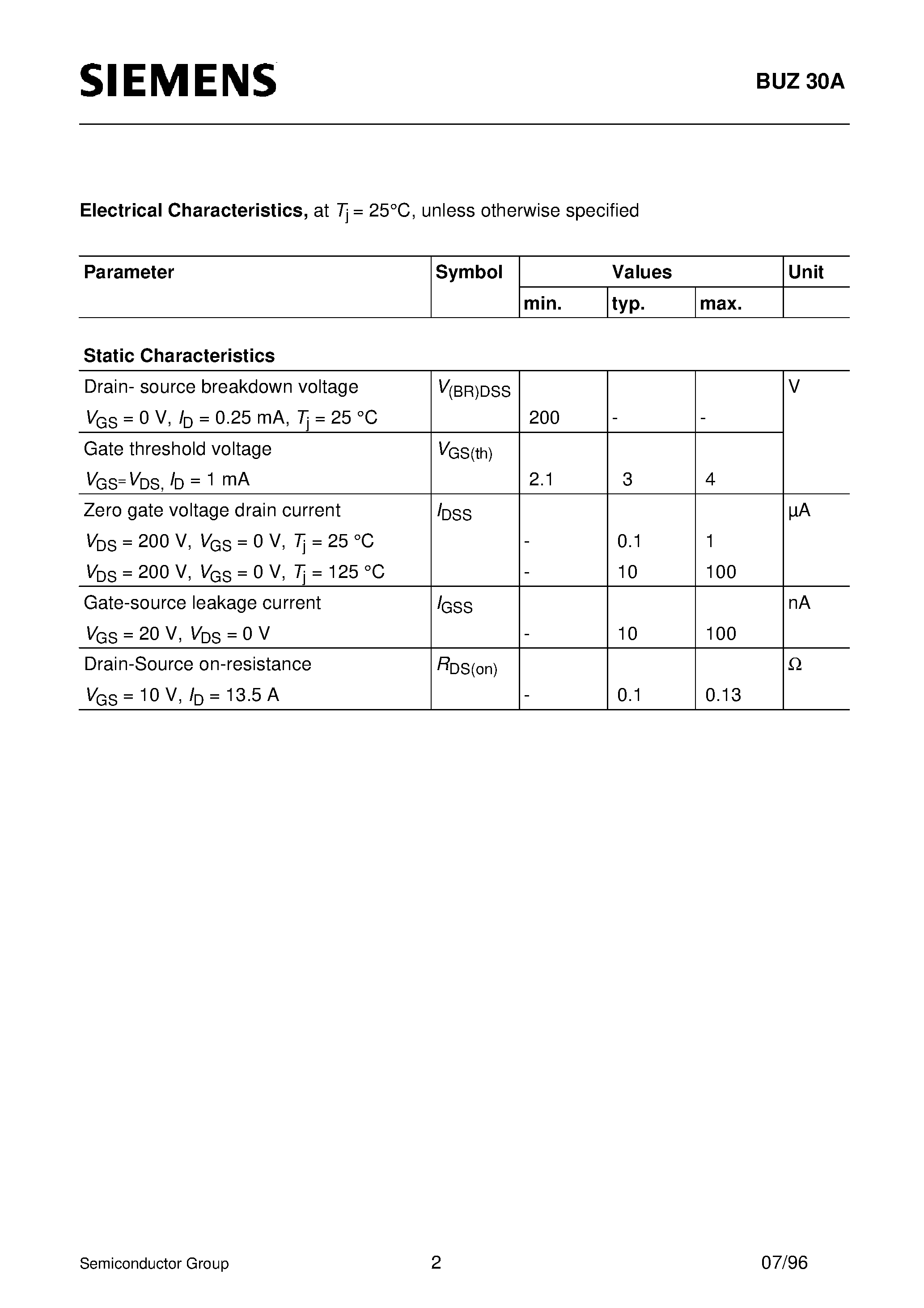 Datasheet BUZ30A - SIPMOS Power Transistor (N channel Enhancement mode Avalanche-rated) page 2