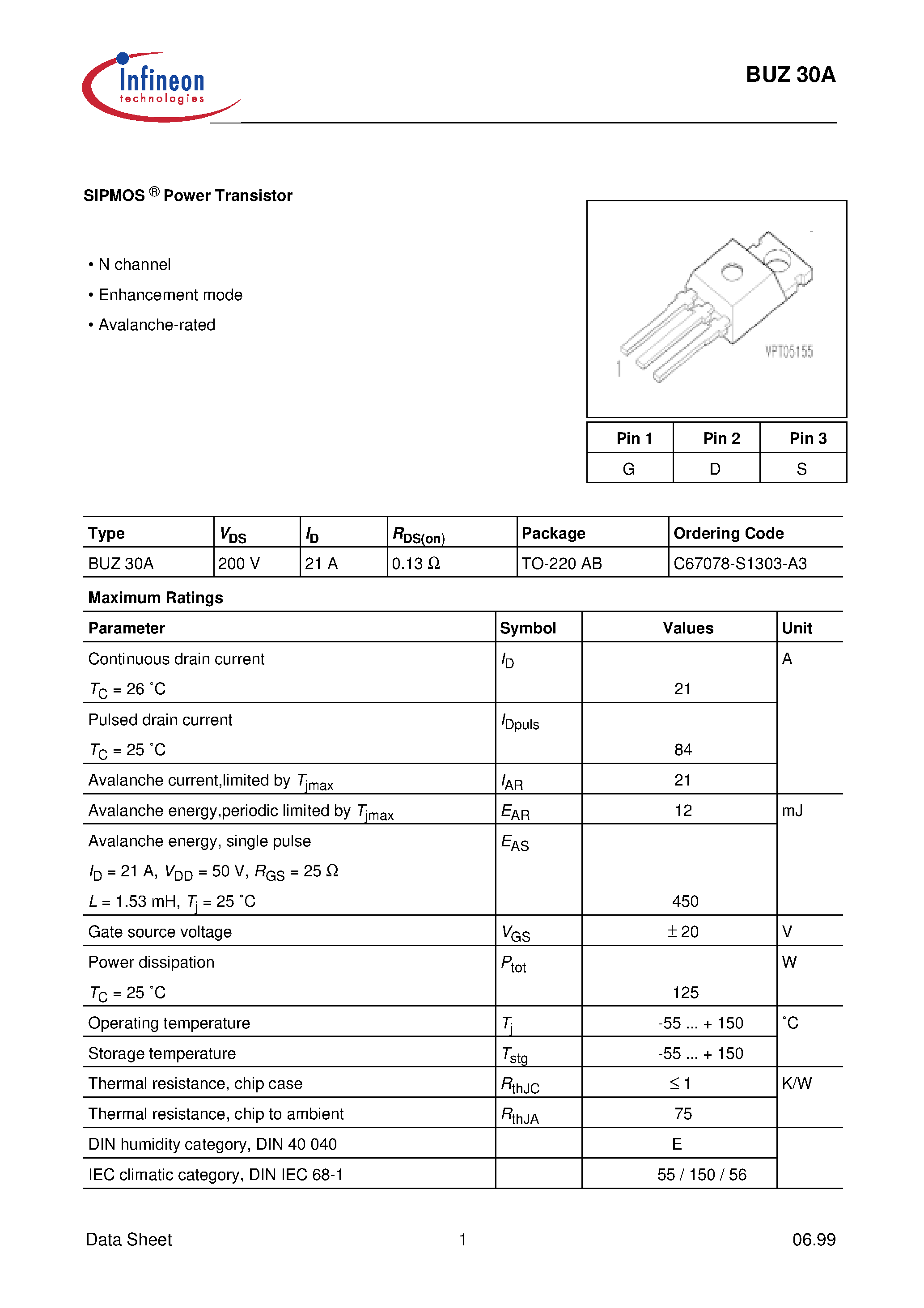 Datasheet BUZ30A - SIPMOS Power Transistor page 1