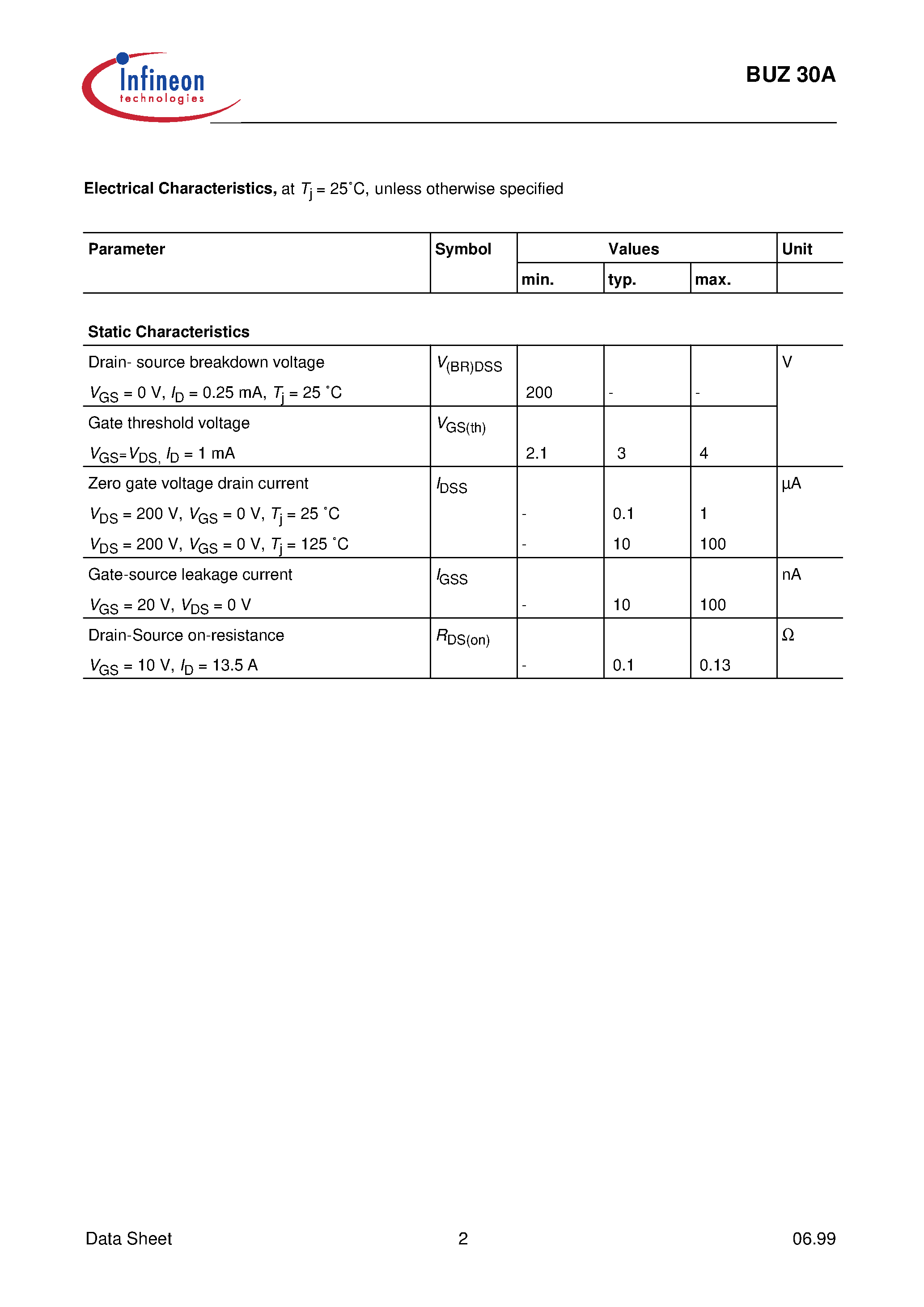 Datasheet BUZ30A - SIPMOS Power Transistor page 2